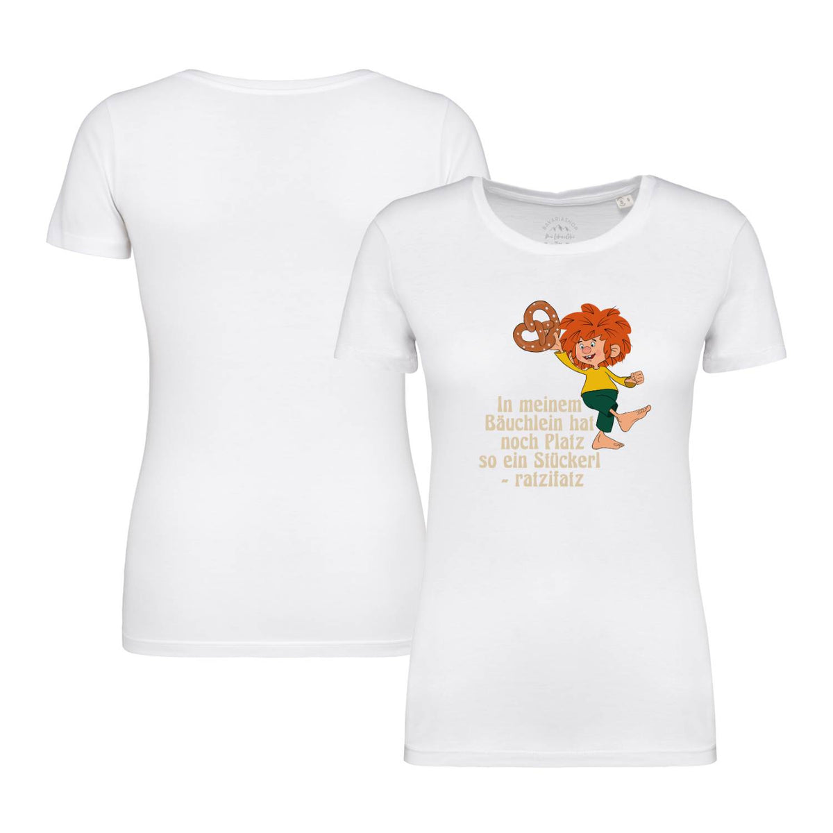 Pumuckl Damen T-Shirt "Brezn Stückerl" weiß mit Pumuckl und Brezel-Motiv, Schriftzug in orange