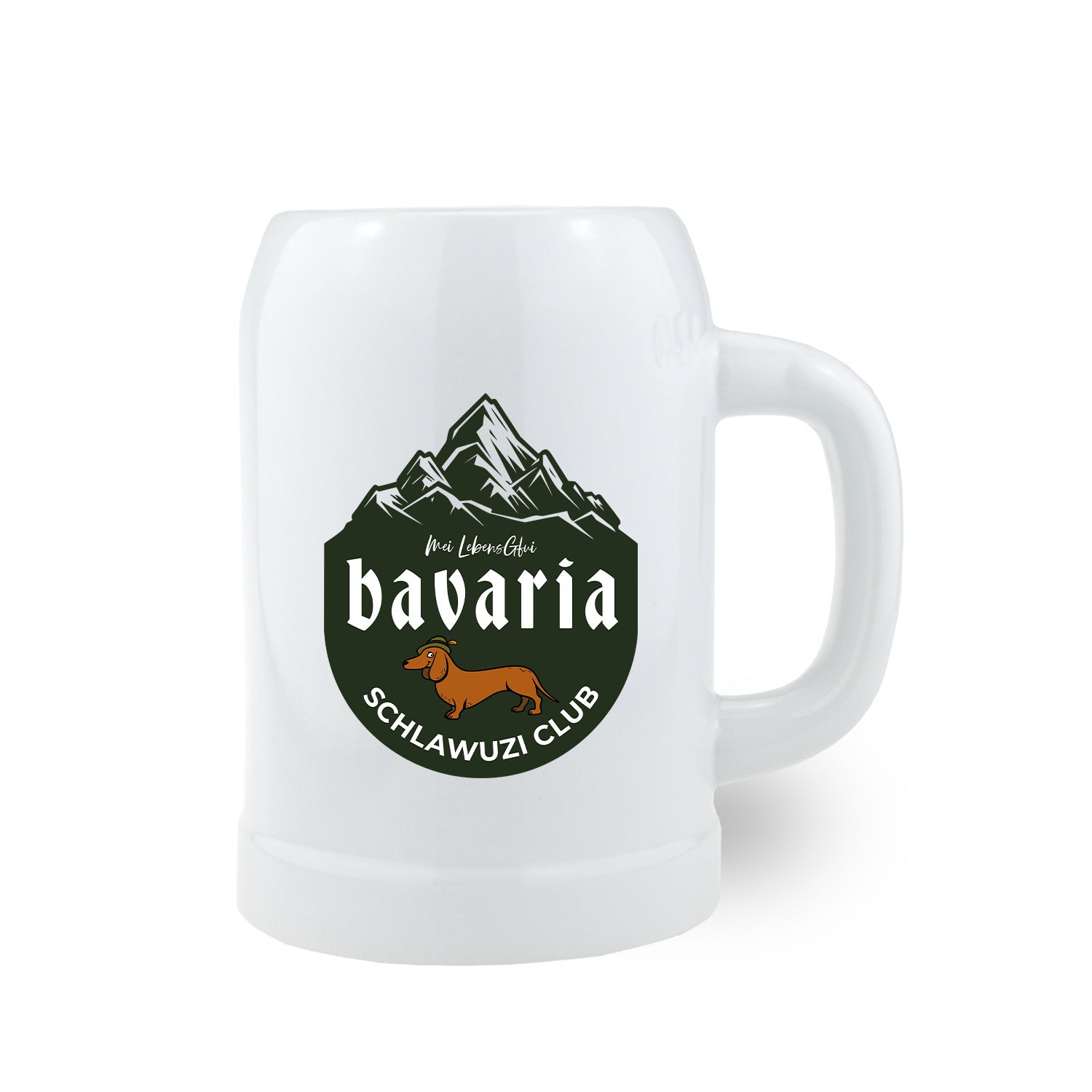 Weißer Bierkrug mit einem Emblem aus bayerischen Bergen und braunem Dackel, dazu der Schriftzug „Bavaria Schlawuzi Club“, perfekt für Papas und Hundeliebhaber, besonders geeignet zum Vatertag.