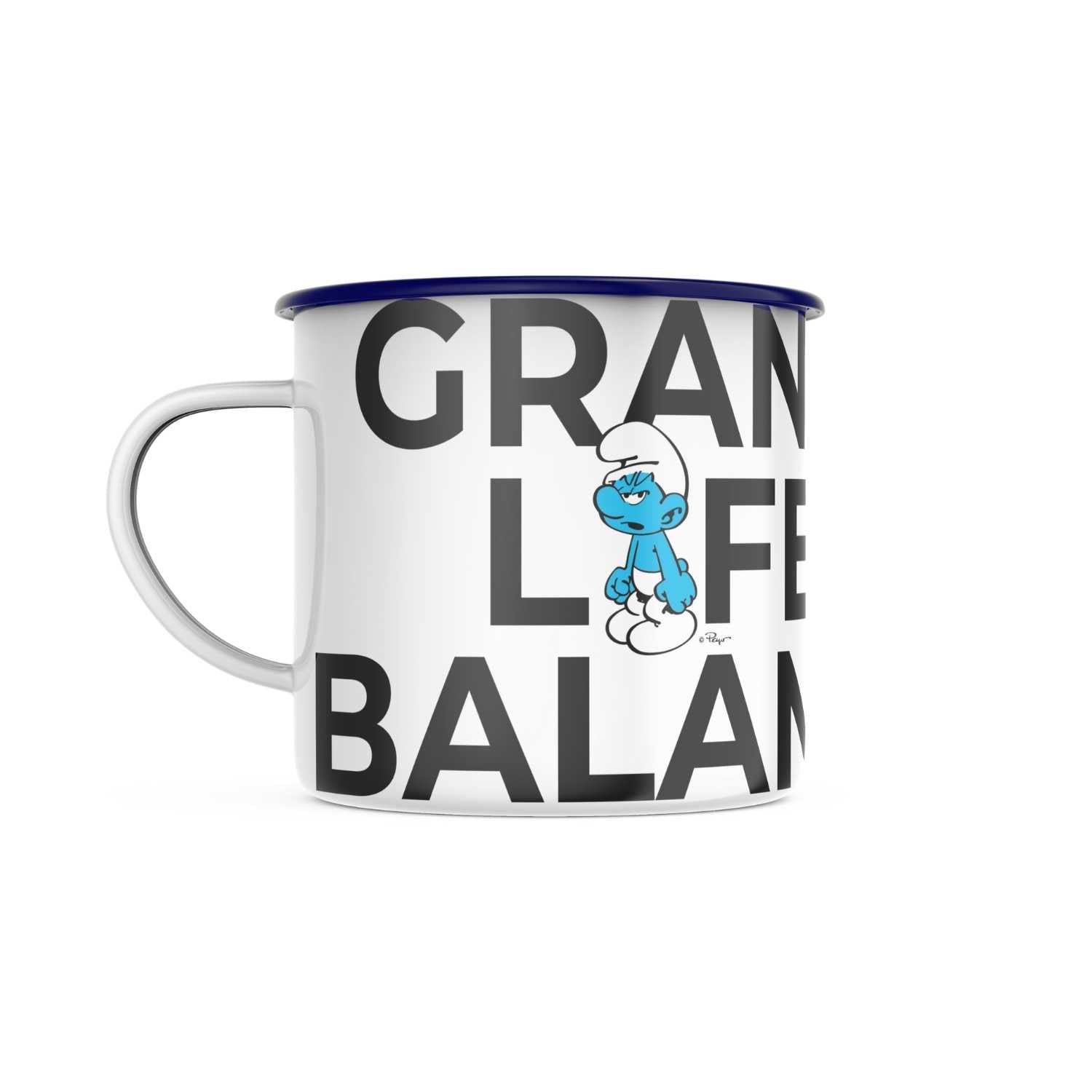 Emaille-Tasse mit Schlumpf-Motiv und Schriftzug „Grantl life balance“, blauer Rand, 330 ml Fassungsvermögen.