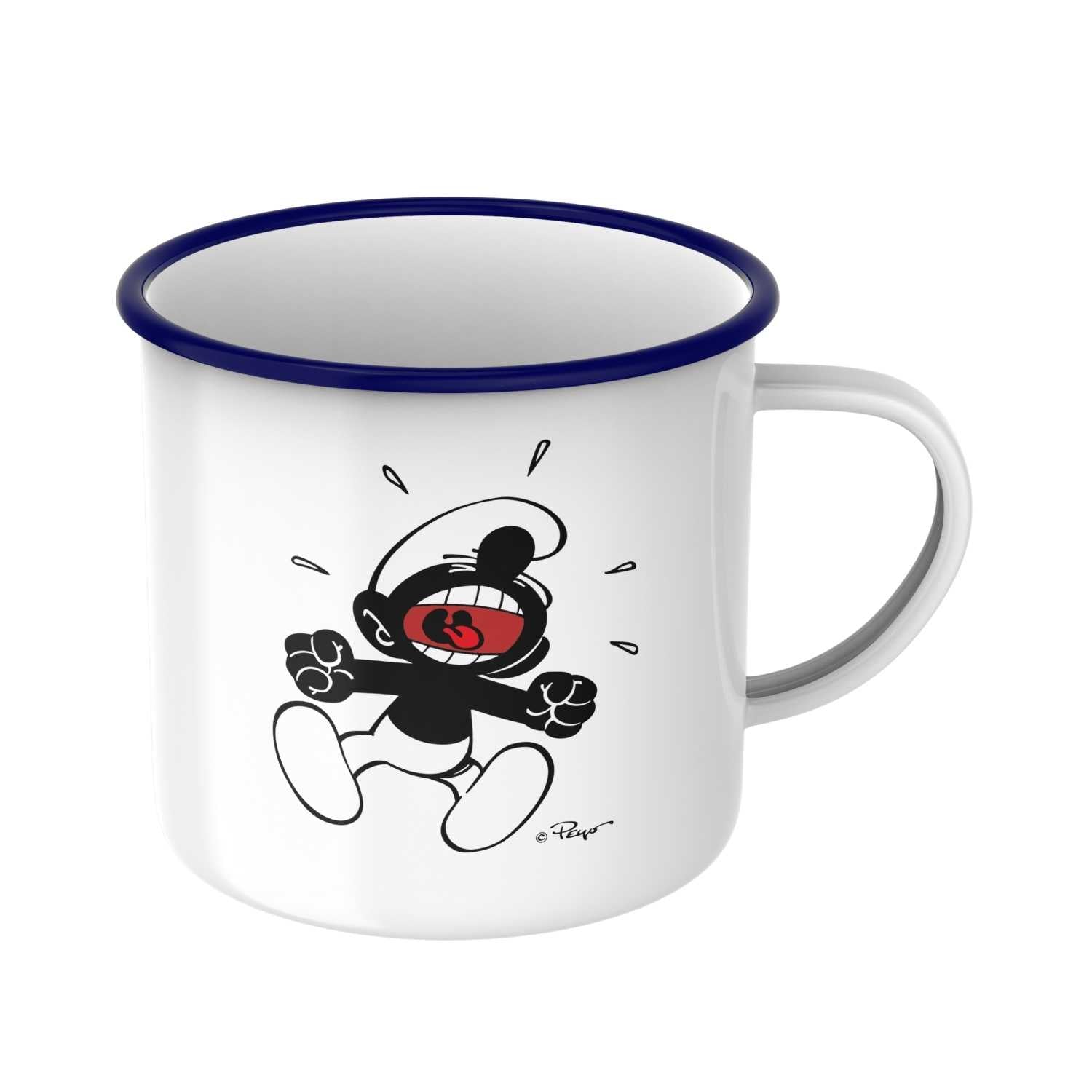 Emailletasse mit blauem Rand und Schlumpf-Motiv, Schriftzug „Himme Herrgott!“, Fassungsvermögen ca. 330 ml.