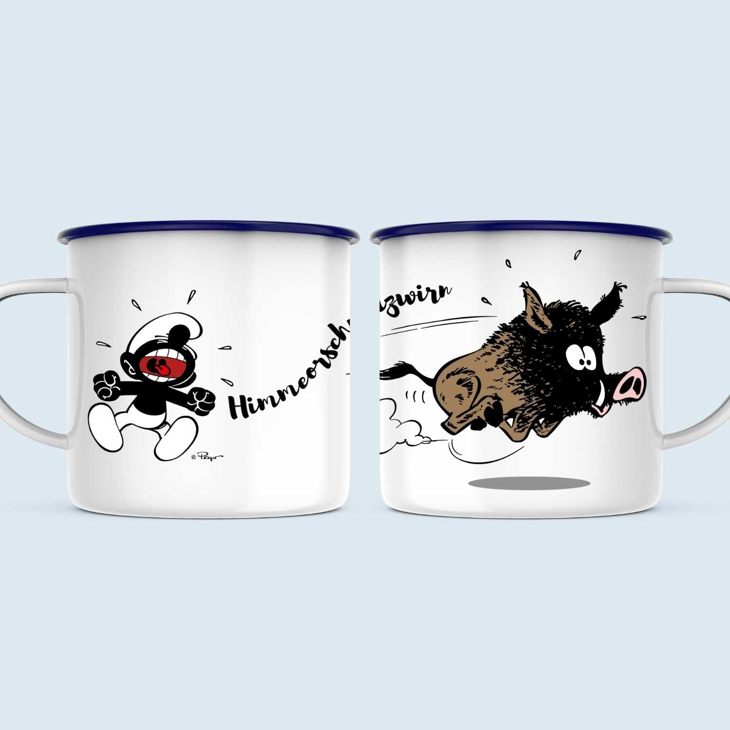 Emaille-Tasse mit blauem Rand und Schlumpf-Motiv, weißer Oberfläche und dem Schriftzug „Himmeorschundzwirn“; ca. 330 ml.