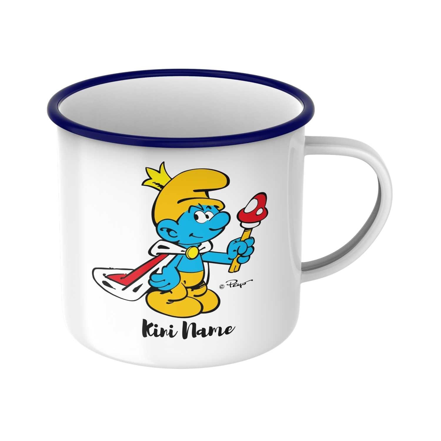 Emailletasse mit Schlumpf-Motiv „Kini“, offizielle Lizenz, blauer Rand, weiß, rund, ca. 330 ml