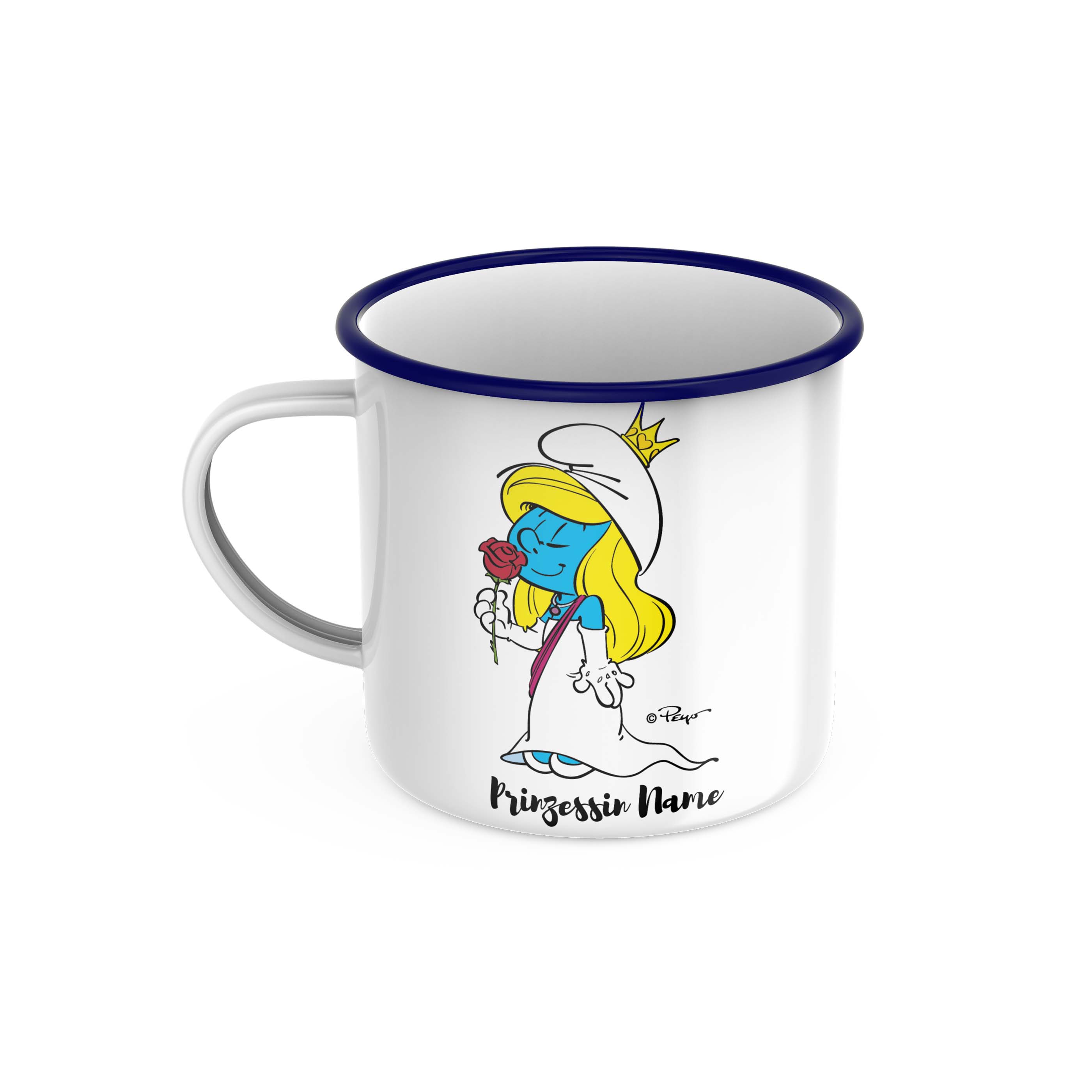 Weiße Emaille-Tasse mit blauem Rand, Schlumpf-Motiv „Prinzessin“ vorne, offizielles Lizenzprodukt, 330 ml.