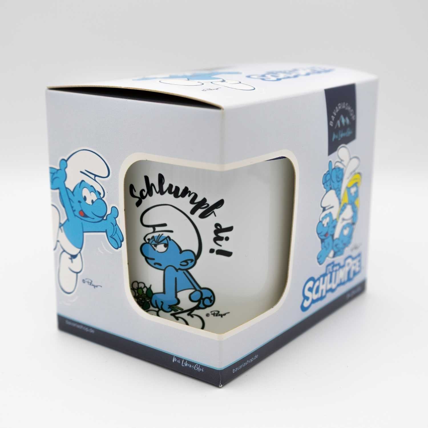 Emailletasse mit Schriftzug „Schlumpf di!“, Schlumpf-Motiv, blauem Rand, rundem Henkel, ca. 330 ml.