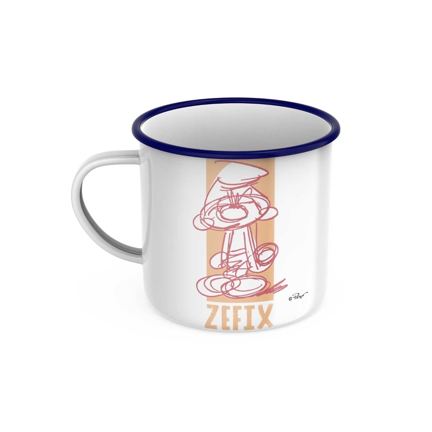 Emaille-Tasse mit blauem Rand, Schlümpfe-Motiv und großem "Zefix"-Schriftzug, rund, ca. 330 ml Fassungsvermögen.