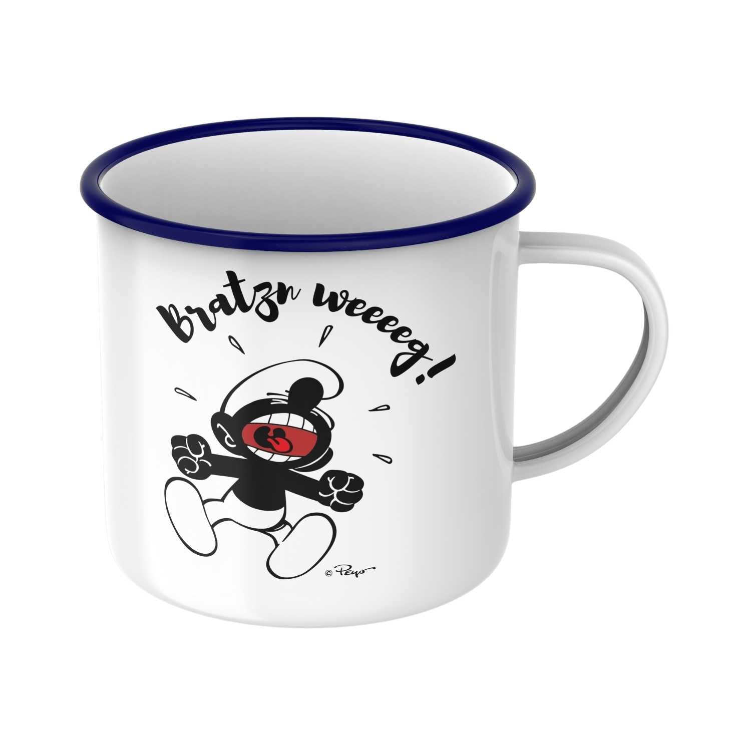 Emaille-Tasse mit blauem Rand, Schlumpf-Motiv und Schriftzug „Bratzn weg!“, rund, ca. 330 ml Fassungsvermögen.