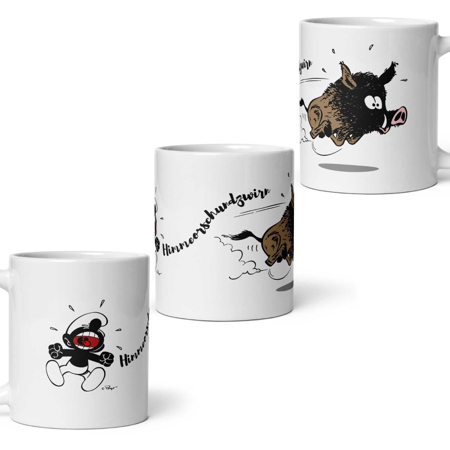 Porzellan-Tasse mit ©Die Schlümpfe-Motiv und Aufdruck „Himmeorschundzwirn“, Henkel rechts, ca. 330 ml.