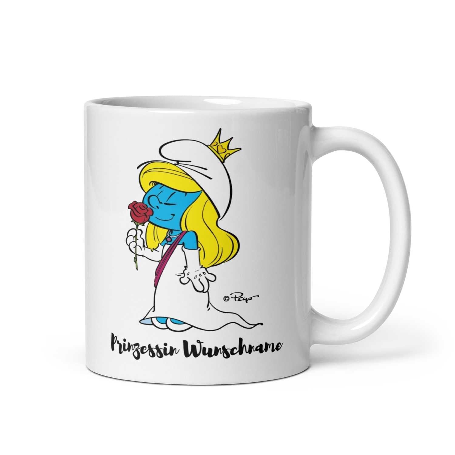 Porzellan-Kaffeetasse mit Schlumpf-Motiv „Prinzessin“, offizielle Lizenzware, Motiv gegenüber dem Henkel, 330 ml.