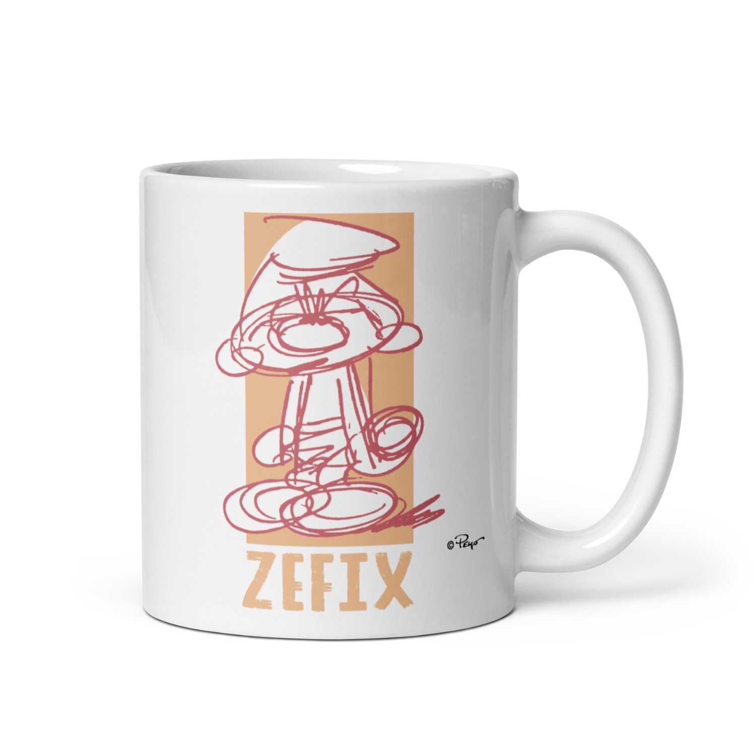 Weiße Porzellantasse mit Schlumpf-Motiv und schwarzem Schriftzug „Zefix“, Motiv gegenüber dem Henkel, 330 ml.