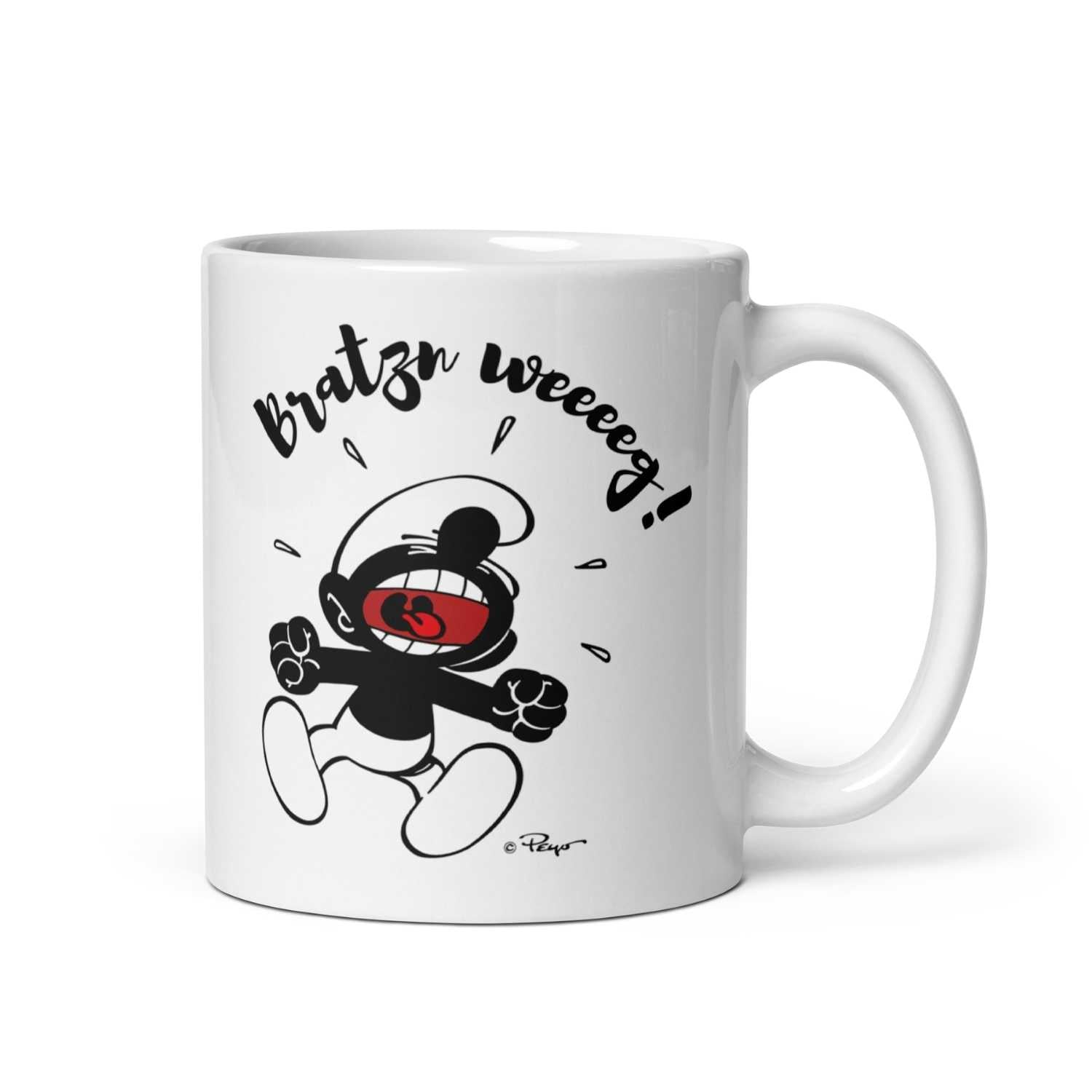 Weiße Porzellantasse mit Schlumpf-Motiv und schwarzem Schriftzug „Bratzn weg!“ gegenüber dem Henkel, 330 ml.