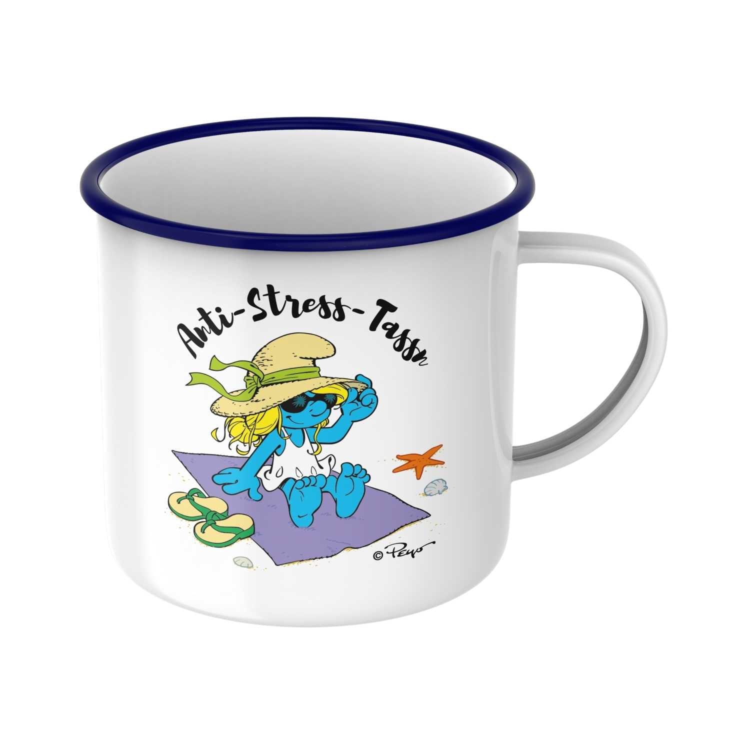 Emailletasse mit blauem Rand und „Anti-Stress-Tassn“-Schriftzug, Schlumpf-Motiv, offizielle Lizenz, 330 ml.