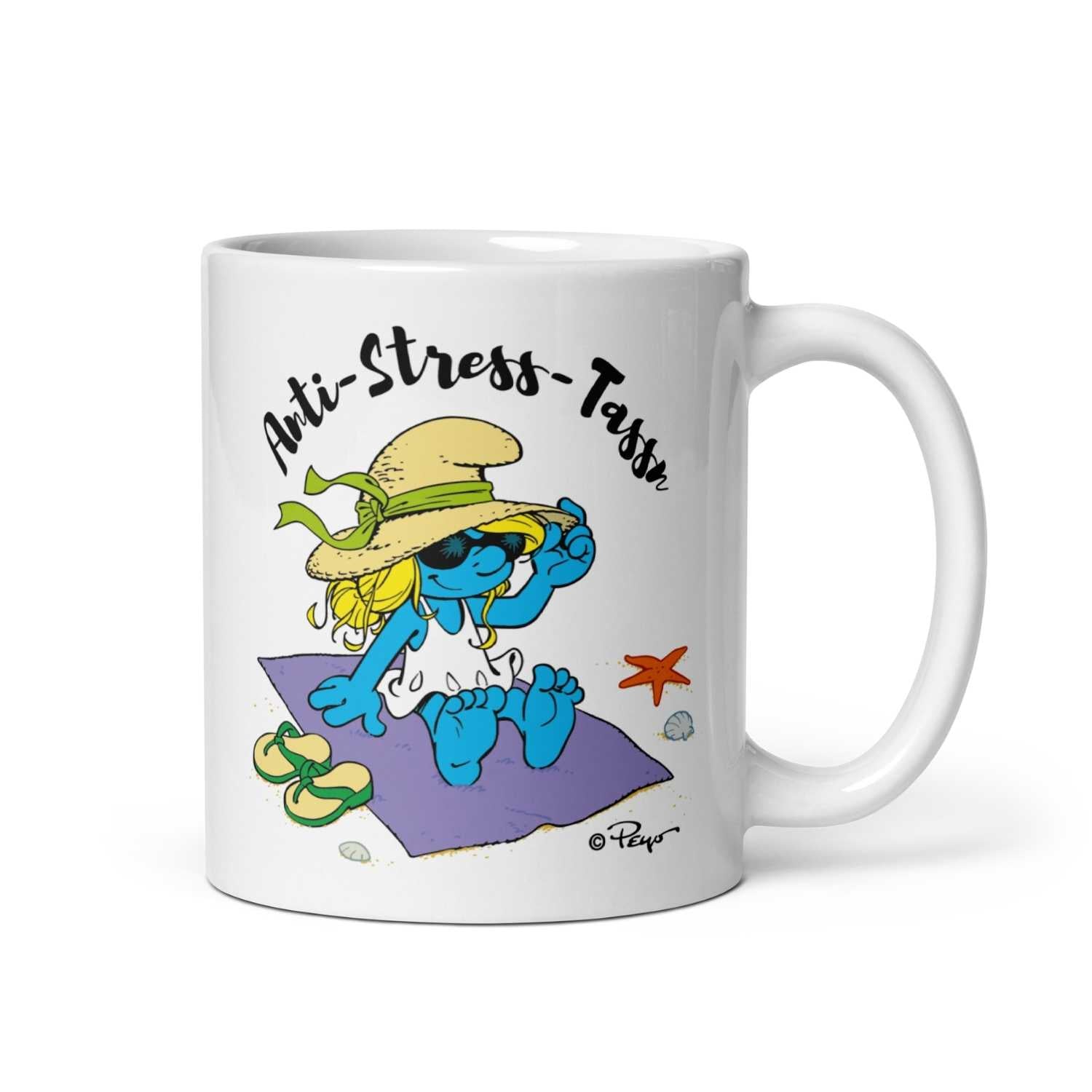 Porzellantasse mit farbigem Anti-Stress-Motiv und Schlumpf-Illustration auf der Vorderseite, 330 ml Fassungsvermögen.
