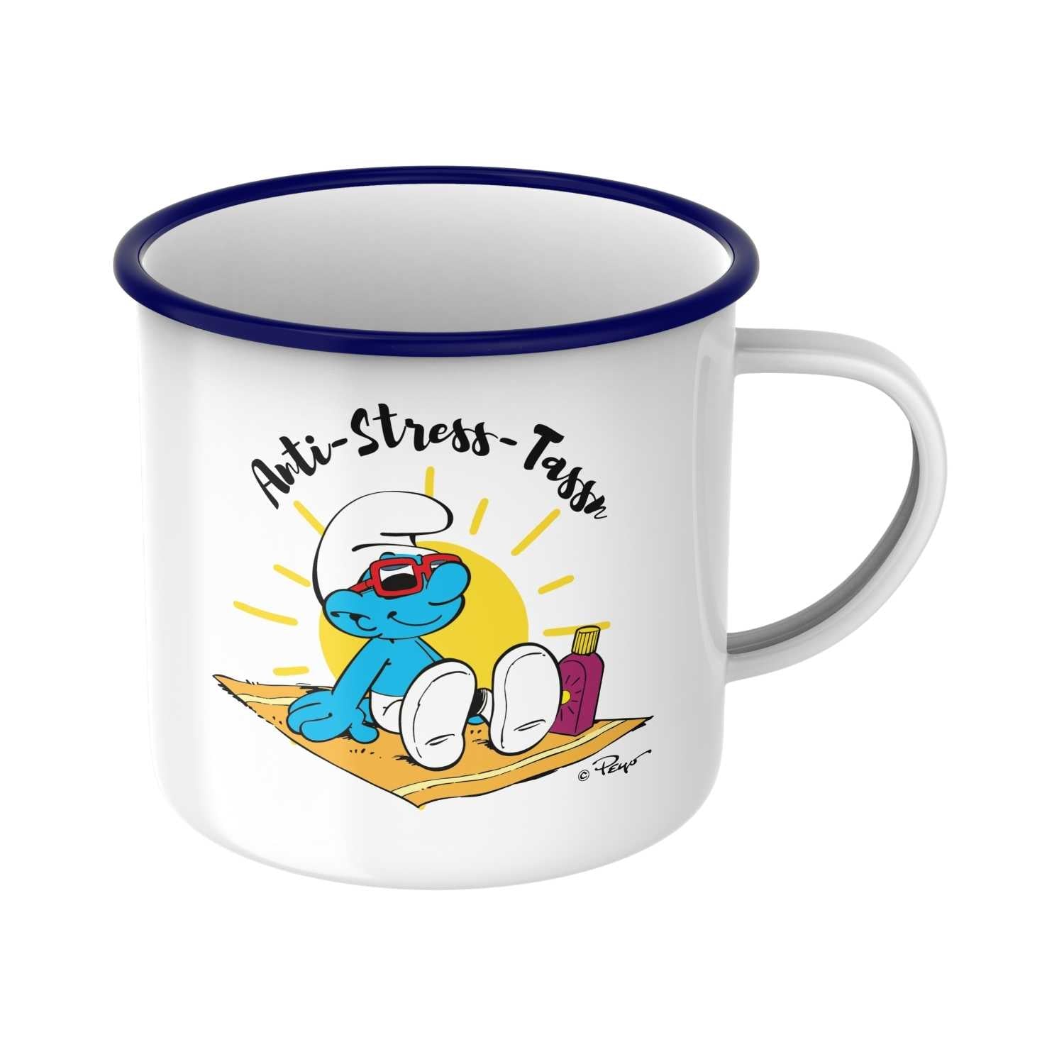 Emailletasse mit blauem Rand und Schlumpf-Motiv, weiß, Schriftzug „Anti Stress-Tass’n“, ca. 330 ml, Ø 8 cm.