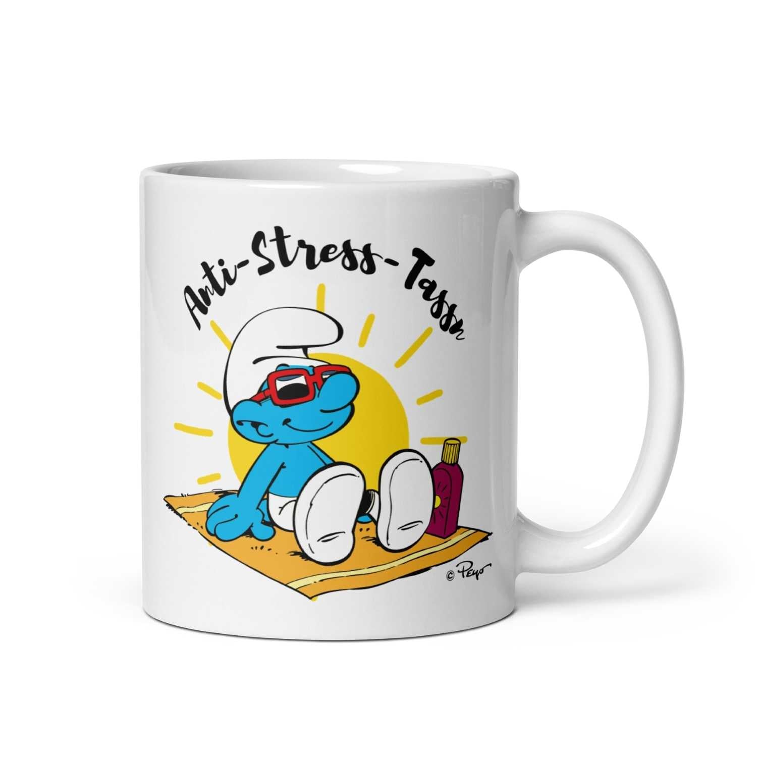 Porzellantasse mit Schlumpf-Motiv und „Anti Stress Herren“-Schriftzug, Henkel rechts, ca. 330 ml Fassungsvermögen