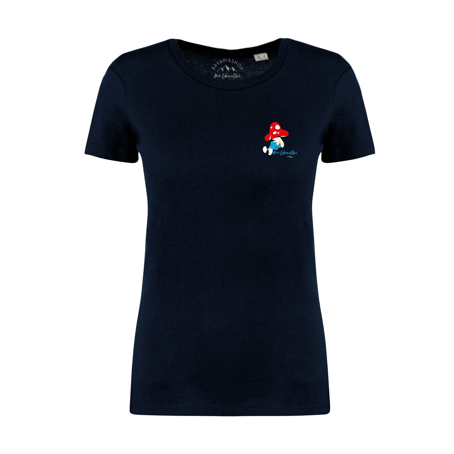 Damen T-Shirt mit Schlümpfe-Frontprint und "Do legst di nieda"-Schriftzug, aus 100 % Bio-Baumwolle in navy.