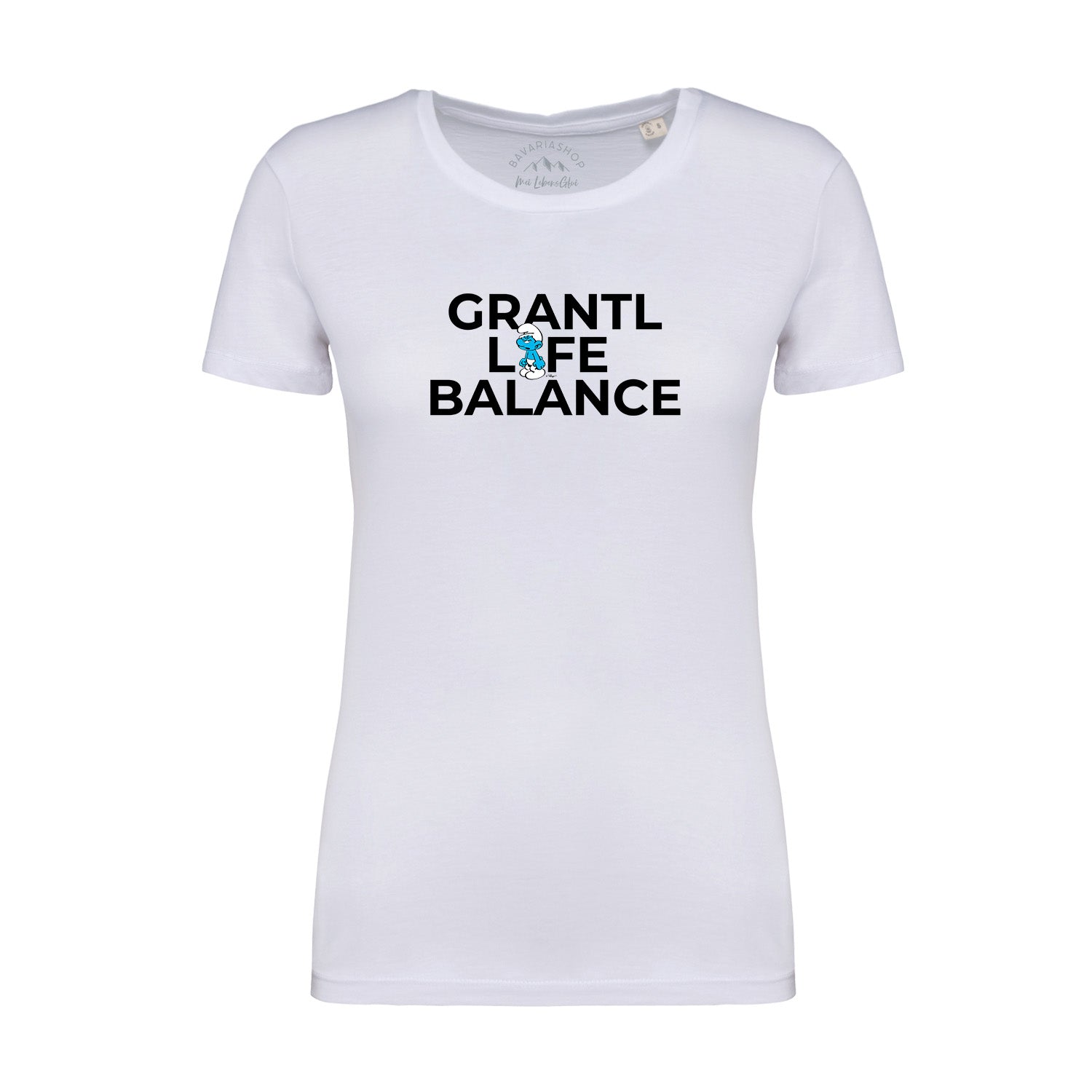 Damen T-Shirt mit Schlumpf-Motiv und Frontprint "Grantl Life Balance" aus 100 % Bio-Baumwolle.
