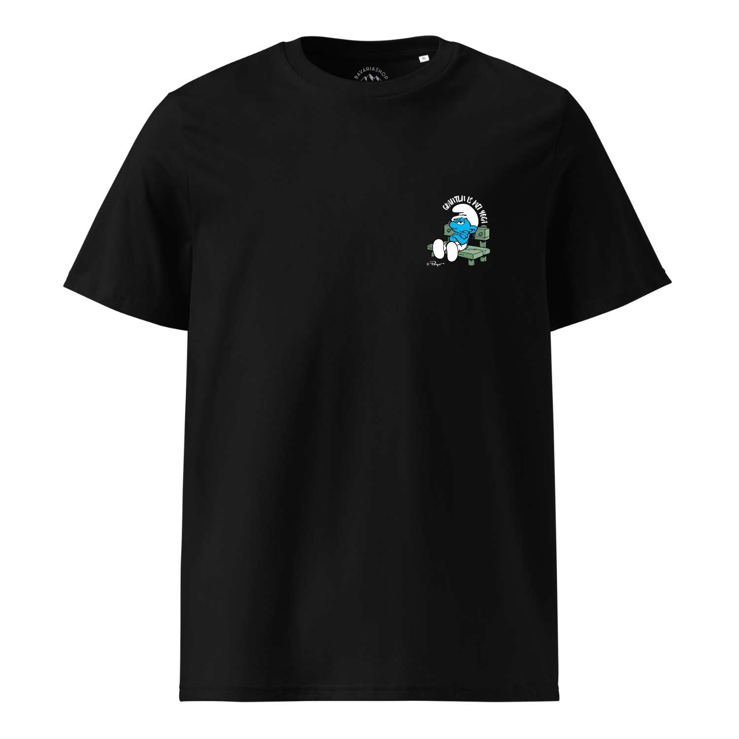 Herren-T-Shirt mit Schlümpfe-Motiv und Aufdruck „Grantln is mei Yoga“, aus 100 % Bio-Baumwolle, Frontprint.