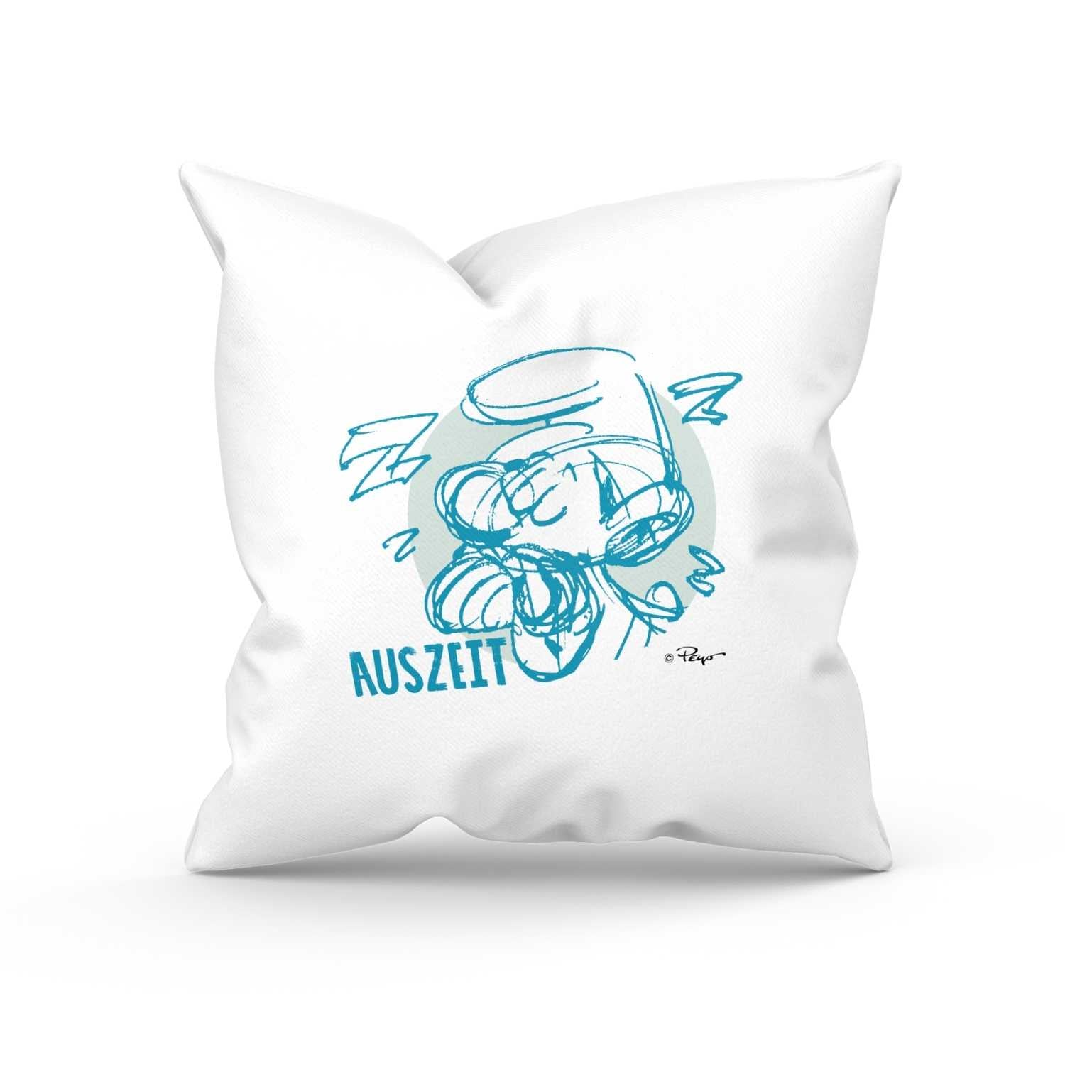 Weiches Dekokissen mit Schlumpf-Motiv und Aufdruck „Auszeit“, quadratisch, mit hochwertigem Druck.
