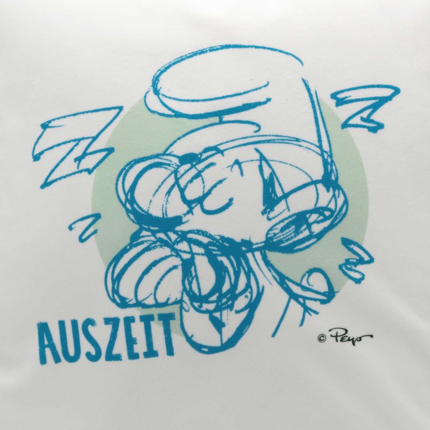 Quadratisches Kuschelkissen mit Die Schlümpfe-Motiv und Aufdruck „Auszeit“, weiche Oberfläche, hochwertiger Druck