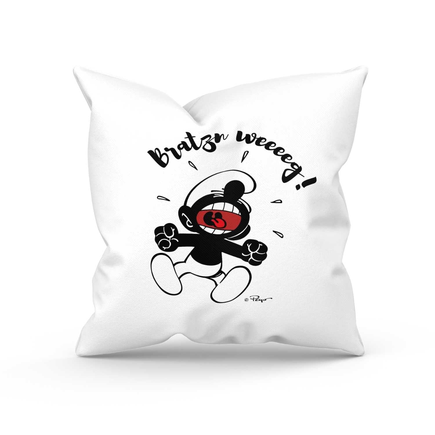 Quadratisches Kuschelkissen mit Schlumpf-Motiv und dem Schriftzug „Bratzn weeeeg!“ in kräftiger Schrift.