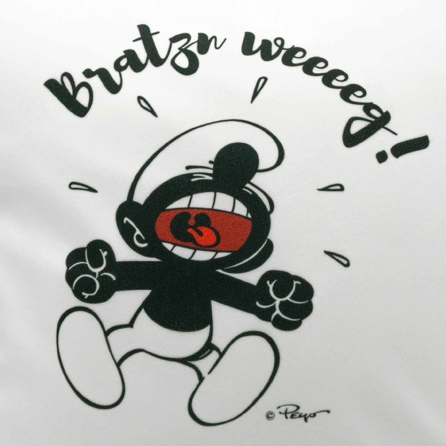 Quadratisches Kuschelkissen mit Schlumpf-Motiv und dem Schriftzug „Bratzn weeeeg!“, weiche Oberfläche.