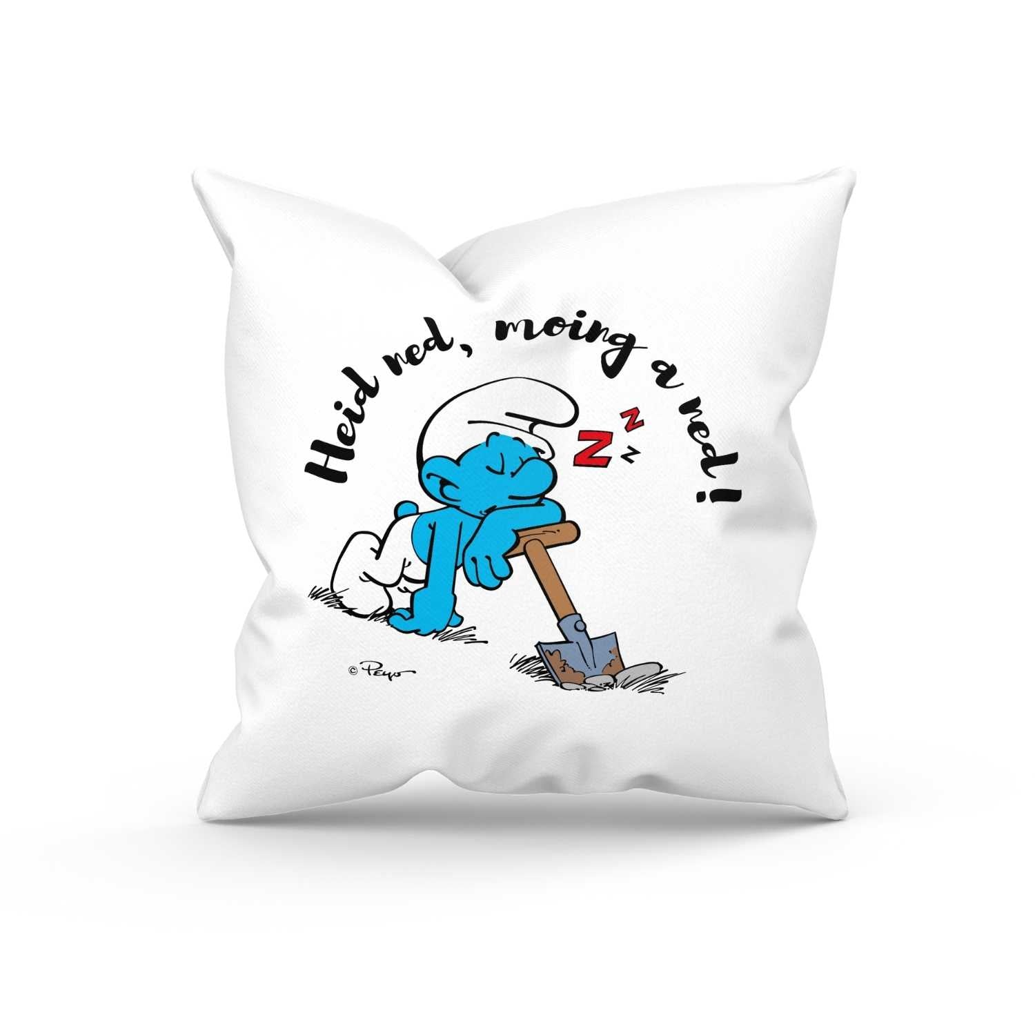 Quadratisches Kuschelkissen mit Schlumpf-Motiv und dem Spruch „Heid ned, moing a ned!“, weiche Stoffstruktur.