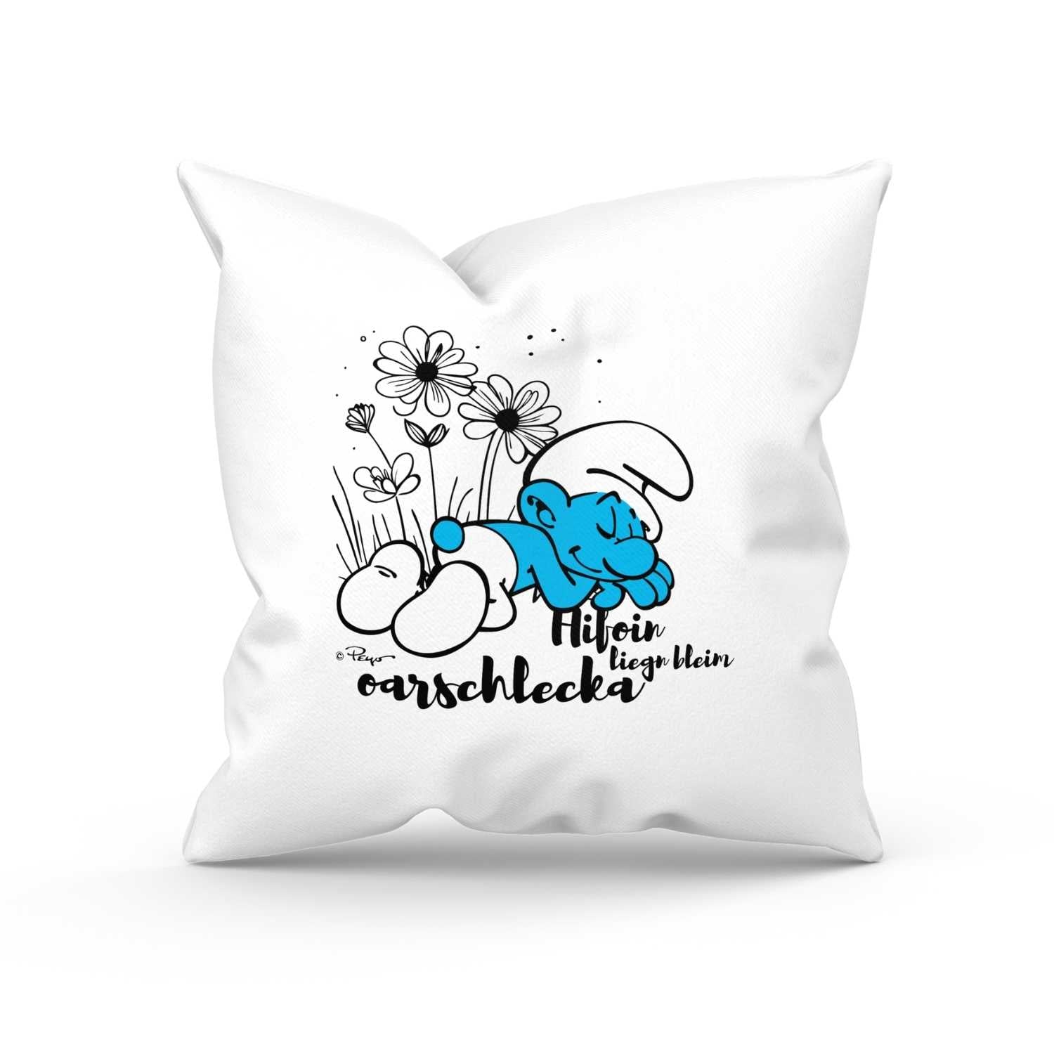 Quadratisches Dekokissen mit Schlumpf-Motiv und humorvollem bayerischen Schriftzug, weiche Oberfläche.