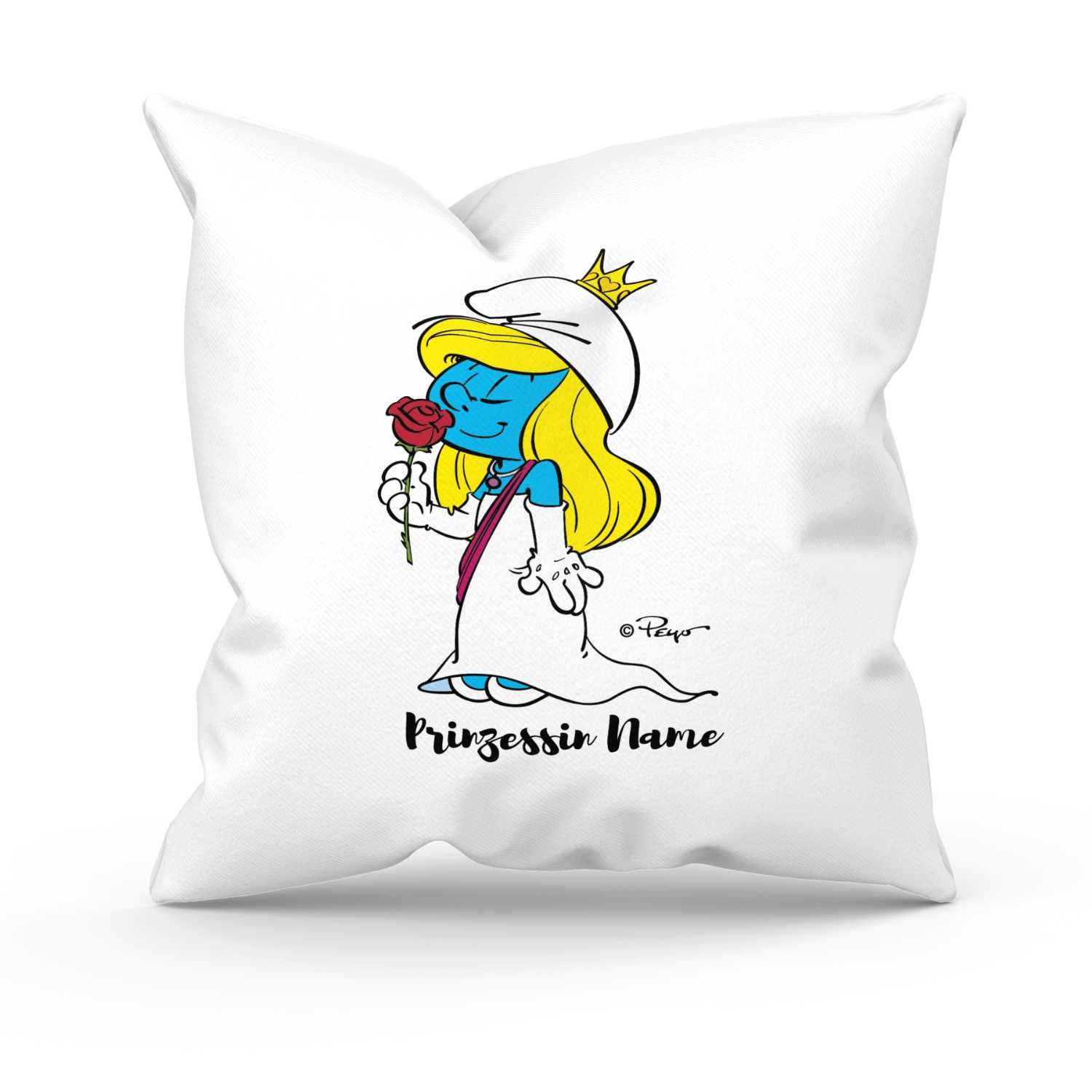 Quadratisches Schlümpfe-Kuschelkissen mit Prinzessin-Motiv, Spruch und personalisiertem Namensdruck.