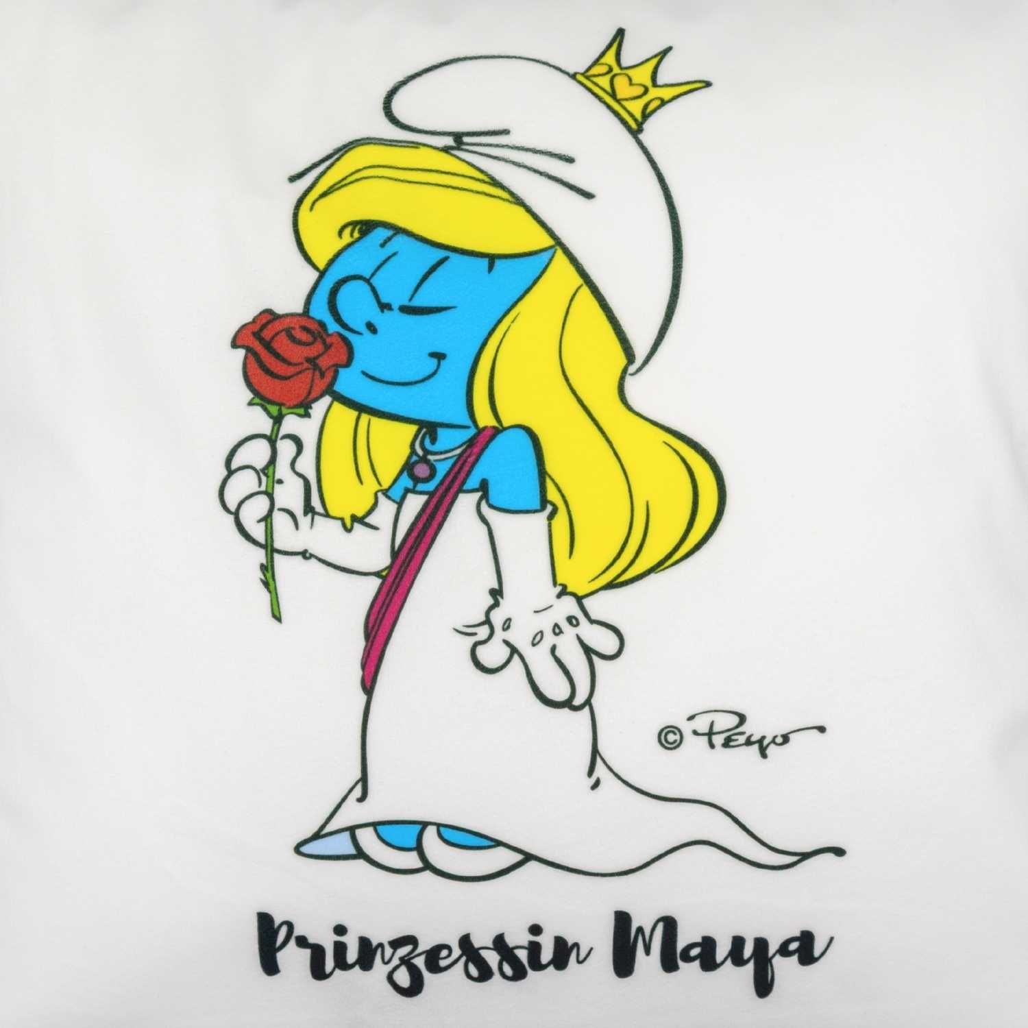 Personalisiertes Kuschelkissen mit Schlumpf-Prinzessin-Motiv und Wunschname, quadratisch, weich, mit Spruch.