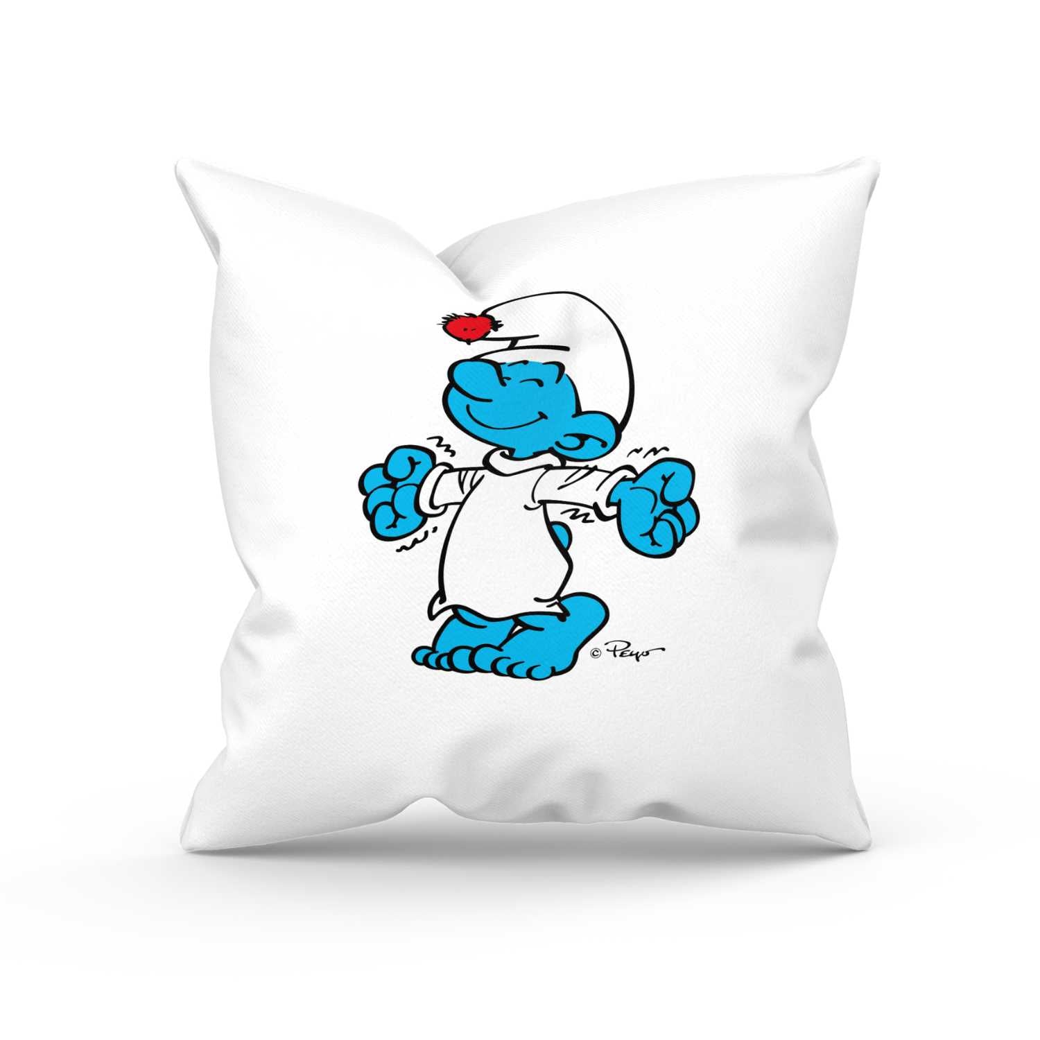 Quadratisches Kuschelkissen mit Schriftzug „Schlaf guad“ und Schlumpf-Motiv, personalisierbar mit Namen.