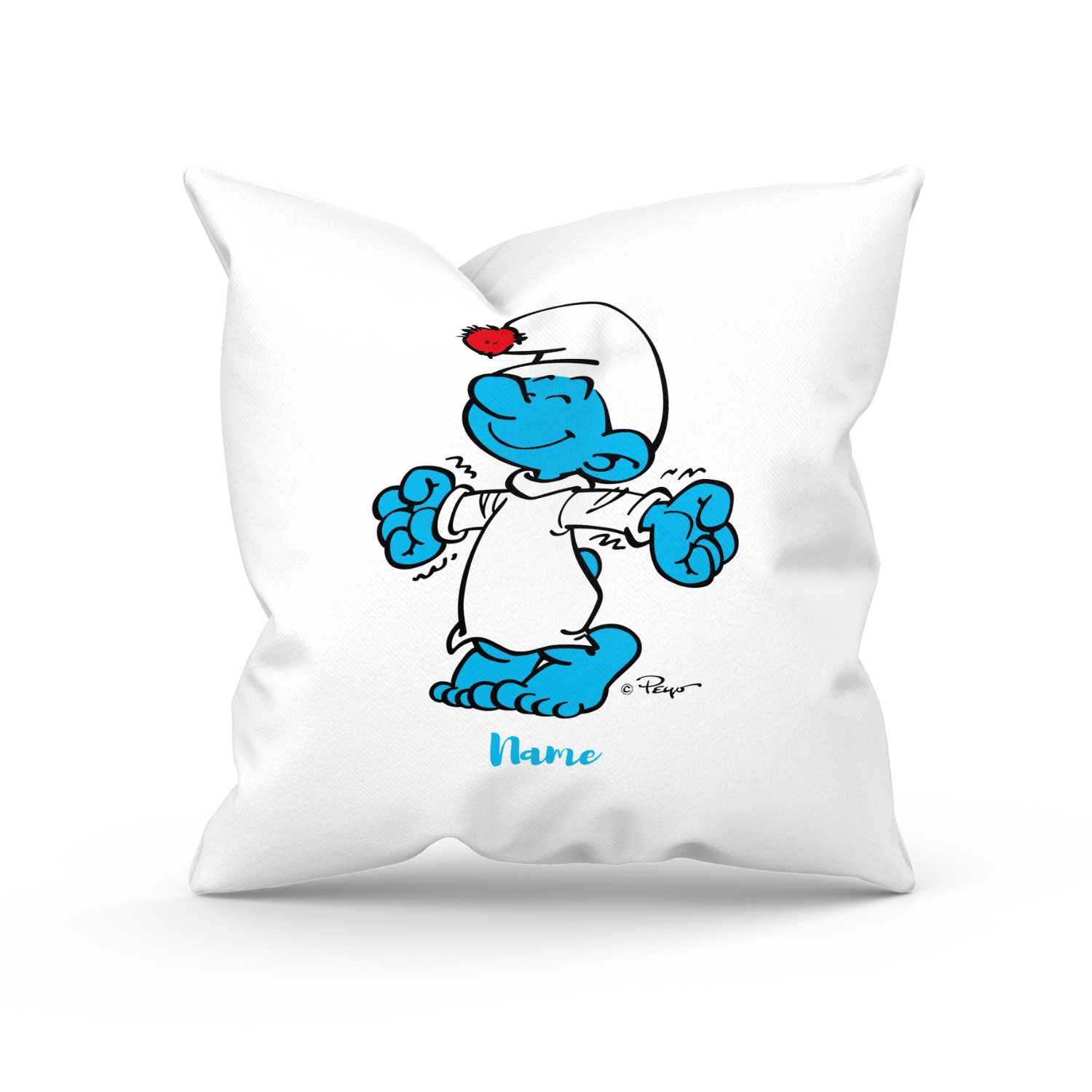 Personalisiertes Kuschelkissen mit "Die Schlümpfe"-Motiv, Spruch „Schlaf guad“ und individuellem Namensdruck.