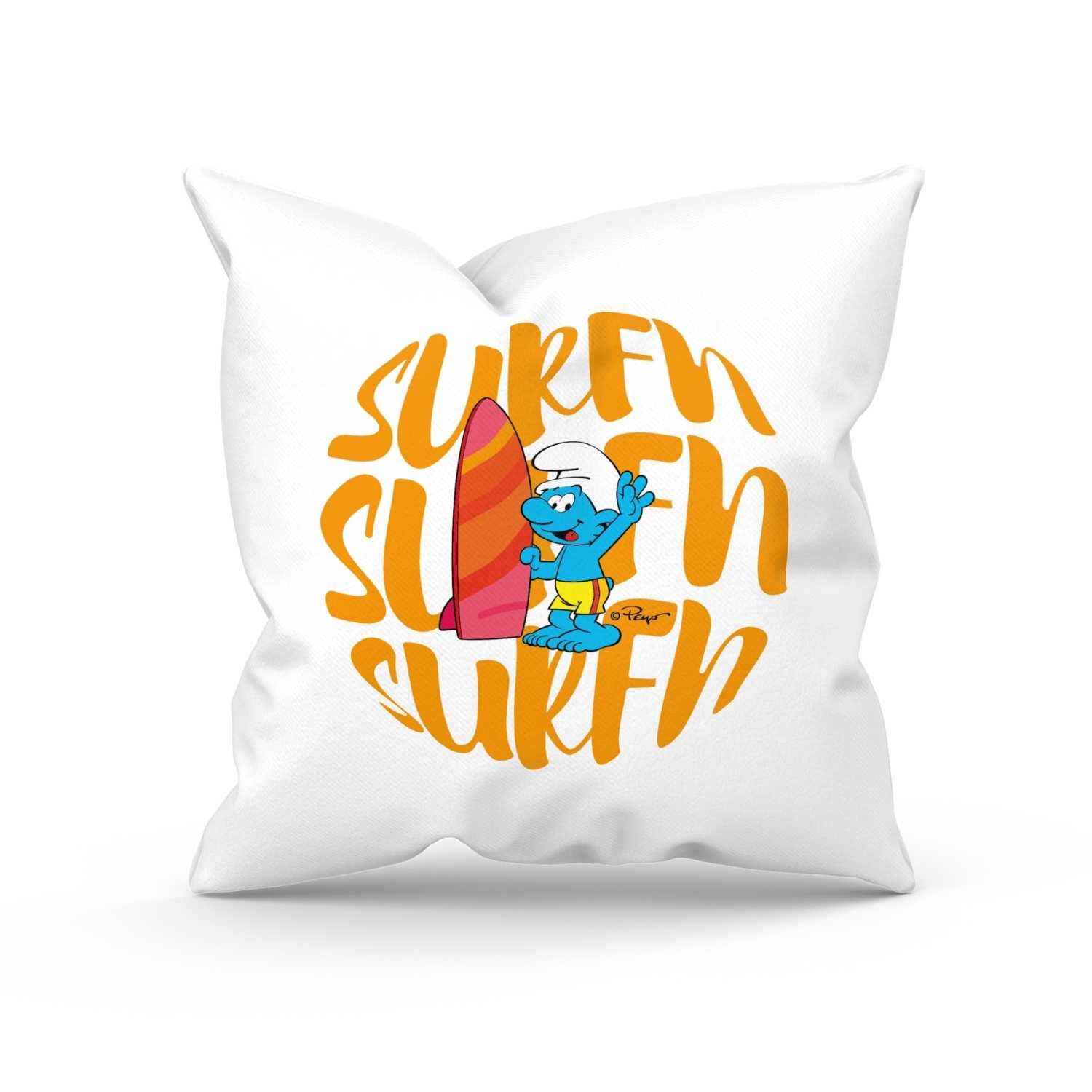 Quadratisches Dekokissen mit Schlumpf-Motiv und Surfbrett, weicher Stoff, Kissenfront mit Schriftzug "Surfn".