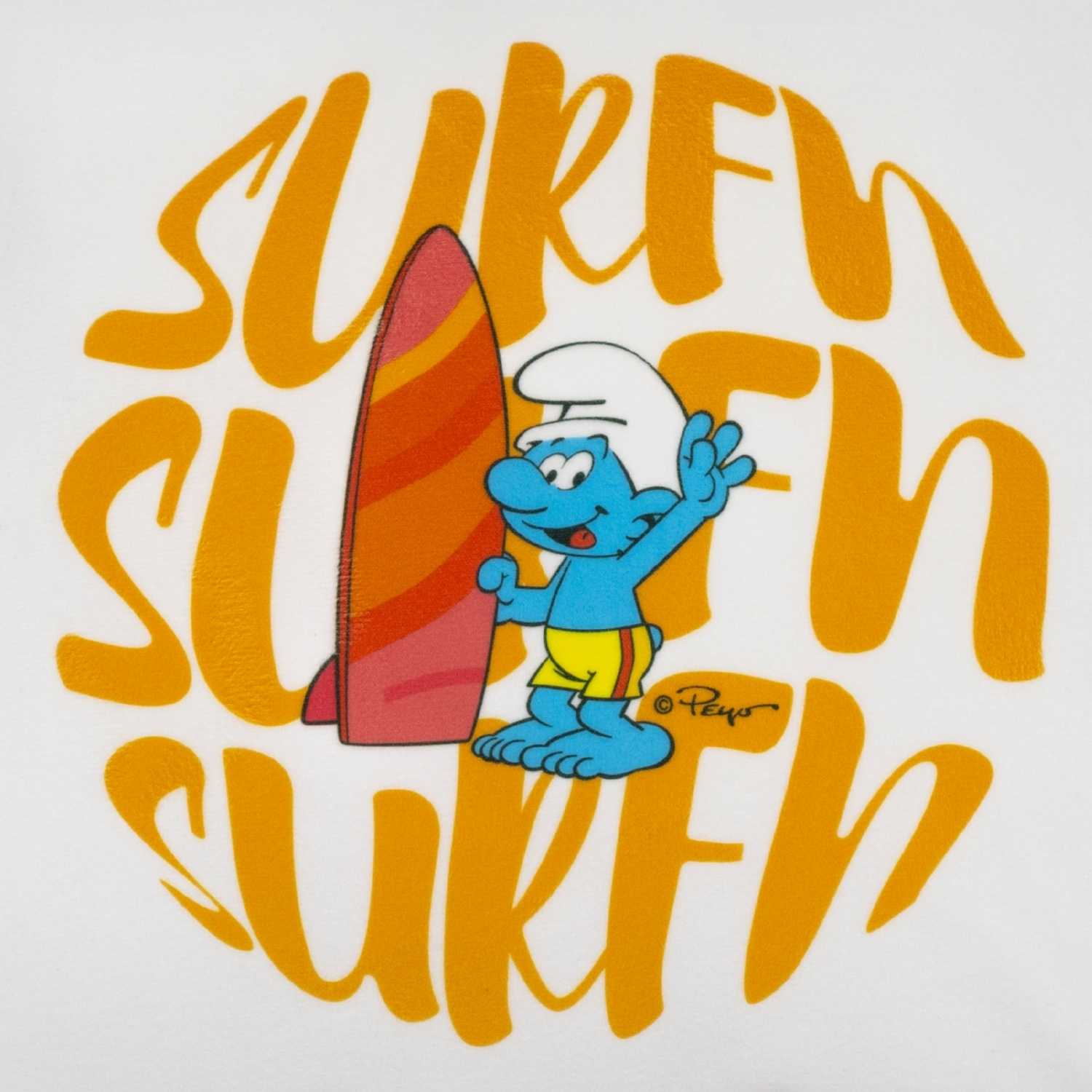 Quadratisches Kuschelkissen mit Schlumpf-Motiv und dem Schriftzug „Surfn“ in hochwertigem Druck.
