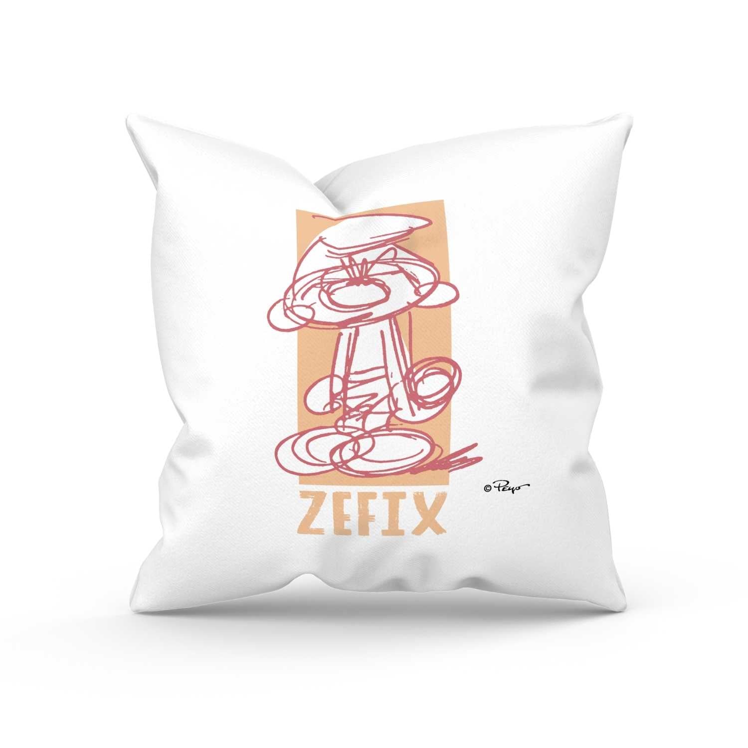 Quadratisches Kuschelkissen mit sichtbarem Schlumpf-Motiv und dem aufgedruckten Schriftzug „Zefix“.