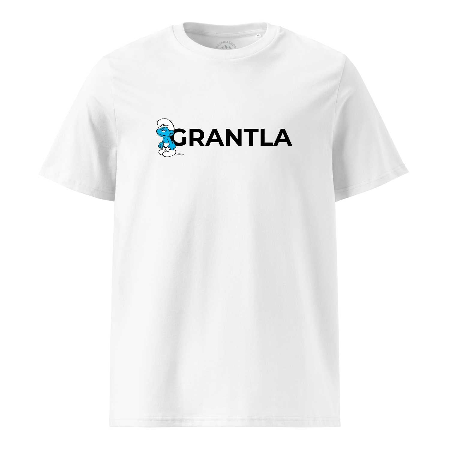 Weißes Herren-T-Shirt mit Frontprint der Schlümpfe-Figur Grantl-Schlumpf, 100 % Bio-Baumwolle, humorvolles Design.