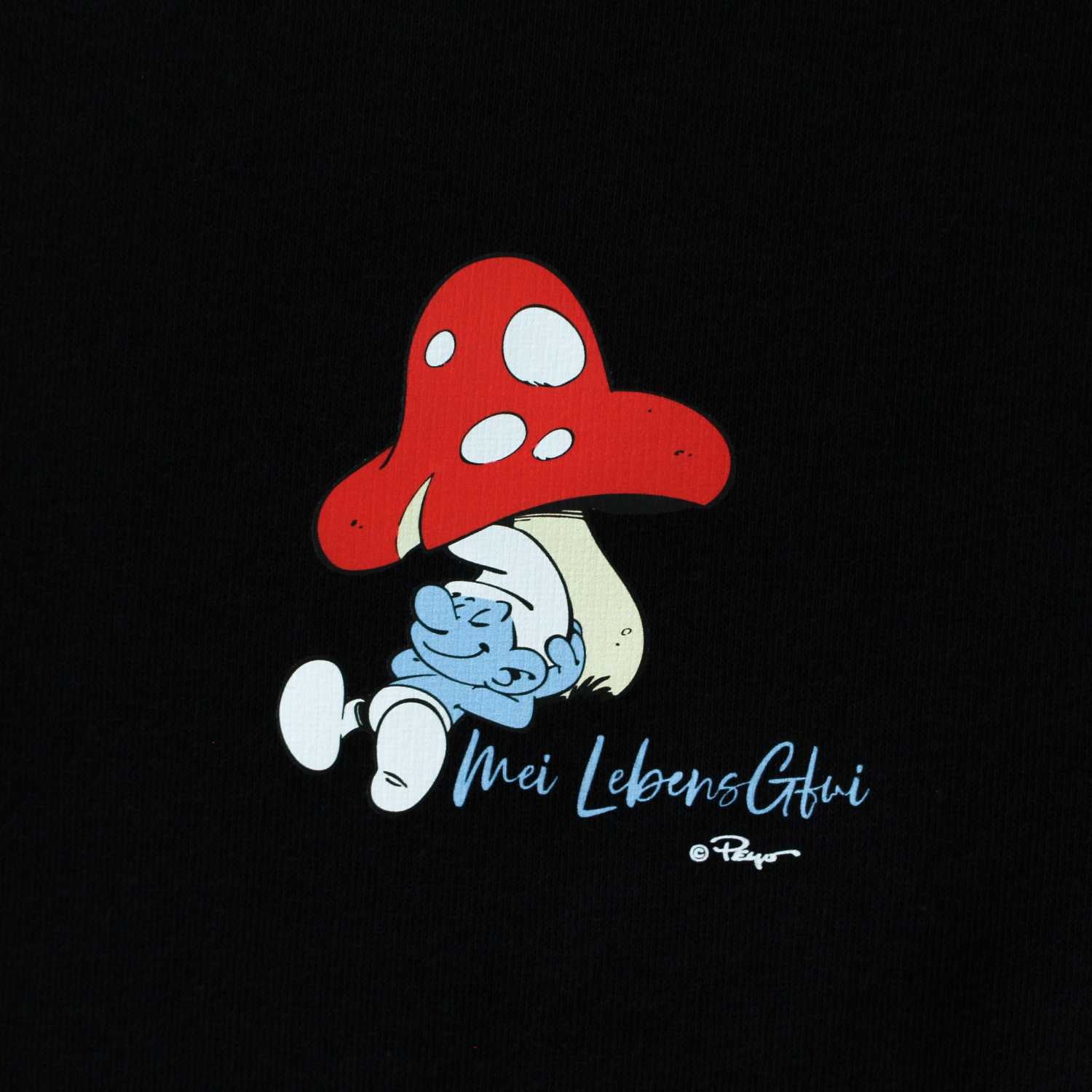 Damen-Hoodie mit Frontprint „Do legst di nieda“ und Schlümpfe-Motiv, Kapuze, Kängurutasche, aus Bio-Baumwollmix.