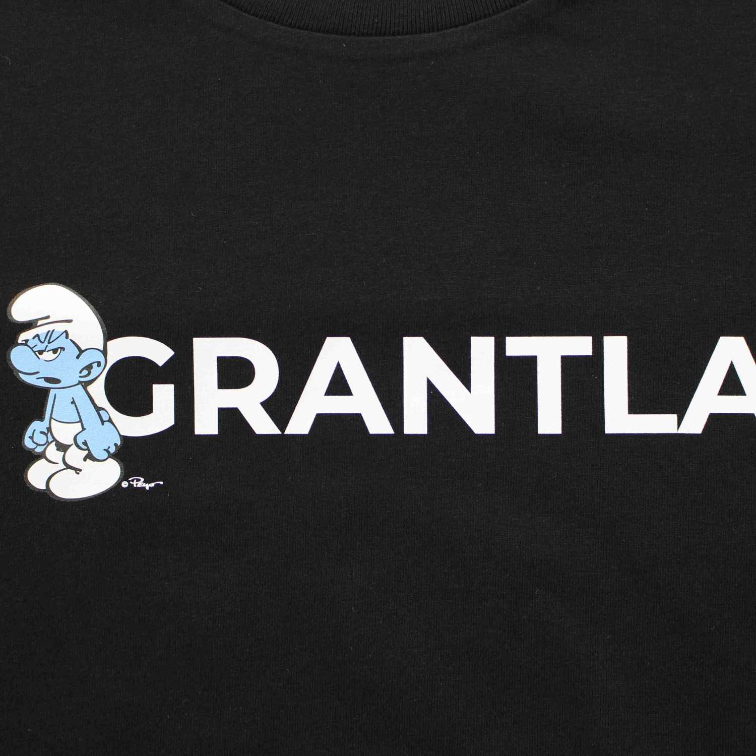 Schwarzes Herren-T-Shirt mit Frontprint der Schlümpfe-Figur Grantl-Schlumpf, 100 % Bio-Baumwolle, rundhals.