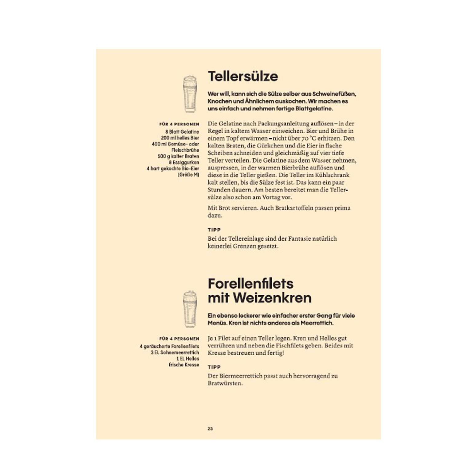 Bierkochbuch mit festem Einband, Buchcover mit Rezeptfotos und Titel „Das Bierkochbuch“, 250 Bierrezepte, 218 Seiten.