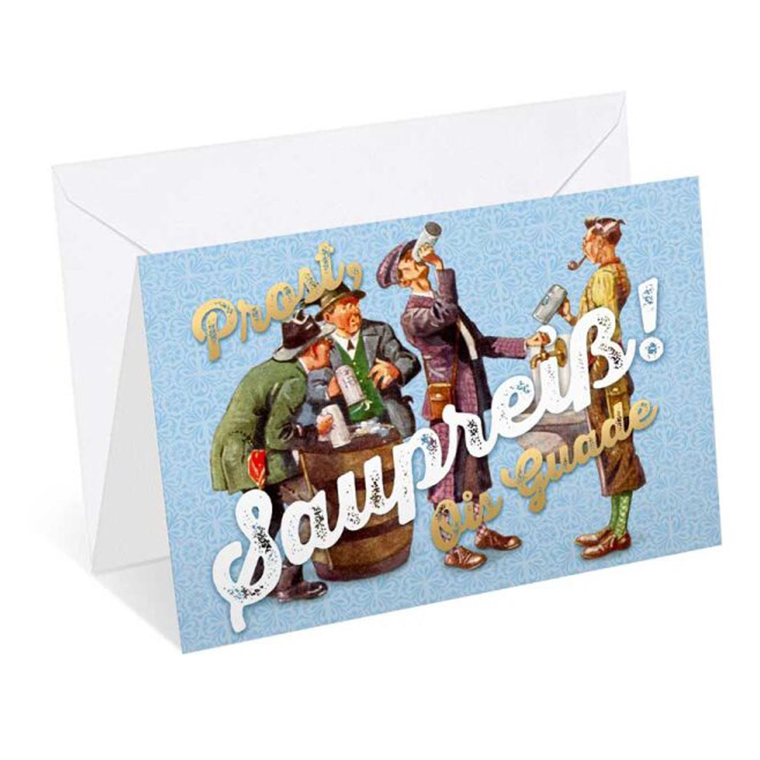 Klappkarte mit farbigem Aufdruck „Prost, Saupreiß! Ois Guade“, veredelt mit Glitter, inklusive weißem Kuvert, 12 x 17,5 cm.