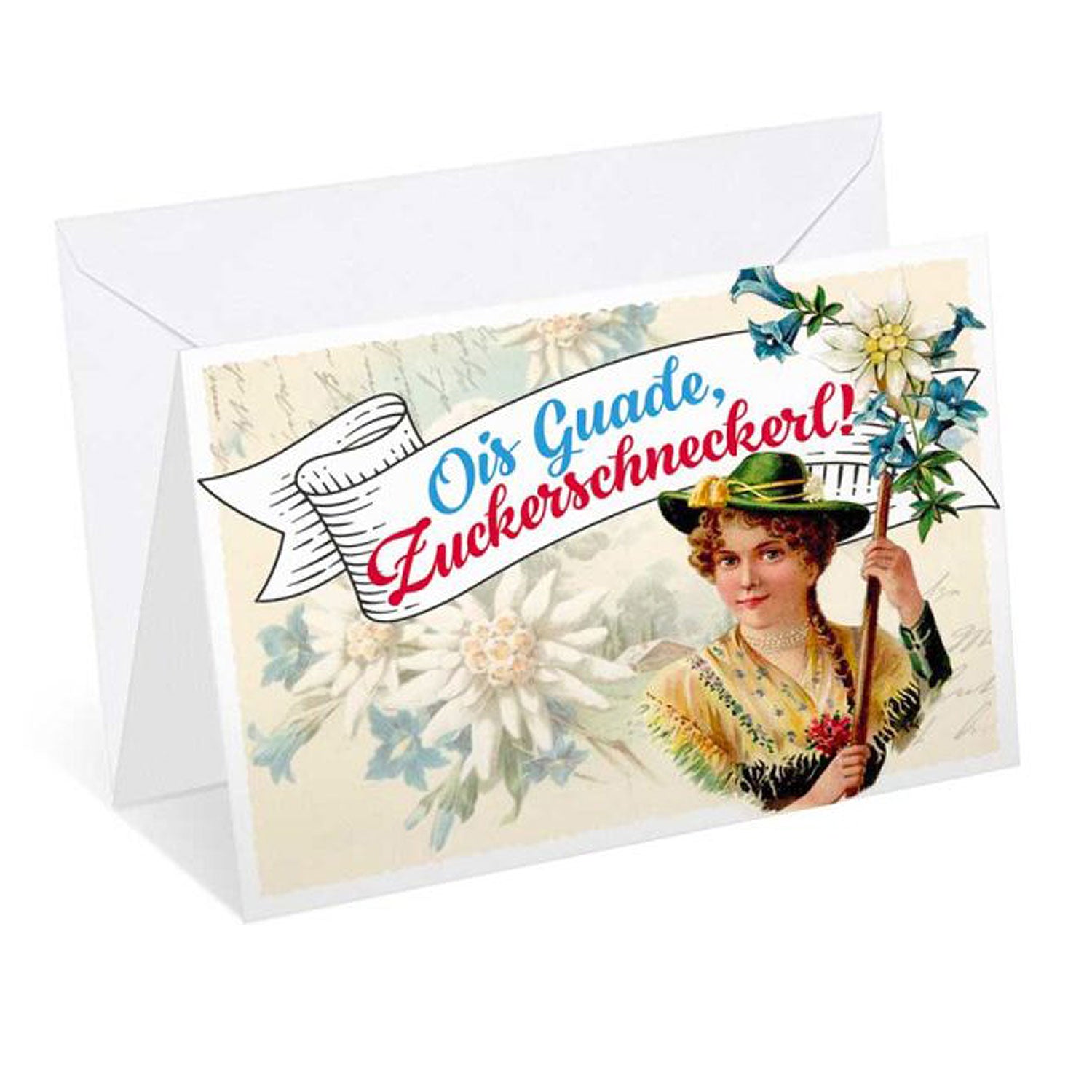 Glückwunschkarte mit glänzend veredeltem Motiv, Schriftzug „Zuckerschneckerl“, inklusive weißem Kuvert, 12 x 17,5 cm.