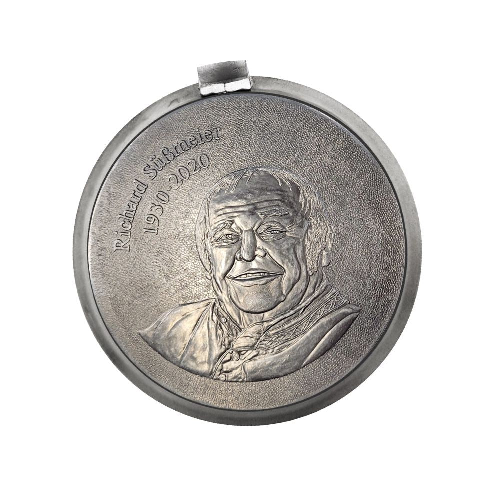 Oktoberfest Maßkrug 2023 aus Keramik mit Zinndeckel und Plakatmotiv, rund, grau, ca. 1 Liter, 21 cm hoch