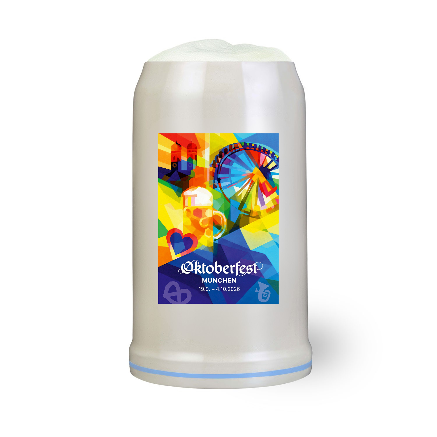 Offizieller Oktoberfestkrug 2026 mit farbenfrohem Motiv von Riesenrad, Türmen und Maßkrug auf Steingut.