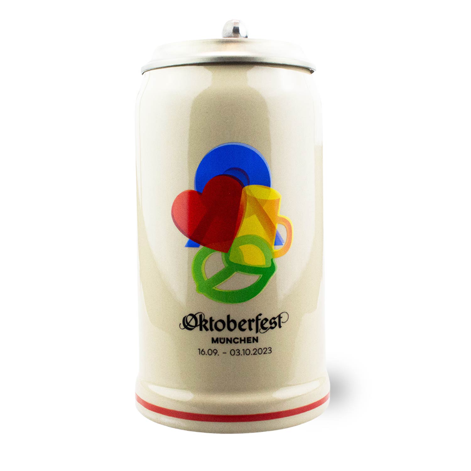 Offizieller Oktoberfestkrug 2023 aus Keramik mit Zinndeckel und Plakatmotiv, 1,0 Liter, Höhe ca. 21 cm
