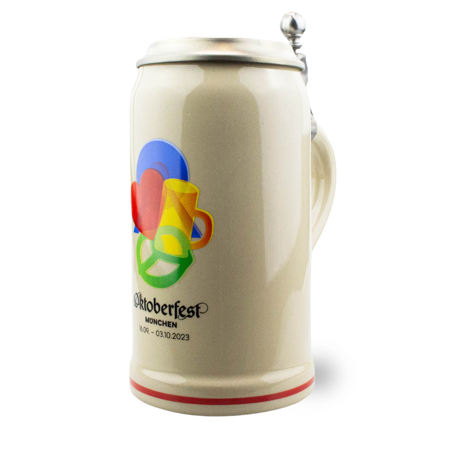 Oktoberfest Sammlerkrug 2023 aus Steinzeug mit Zinndeckel und farbigem Plakatmotiv, 1 Liter, zylindrisch.