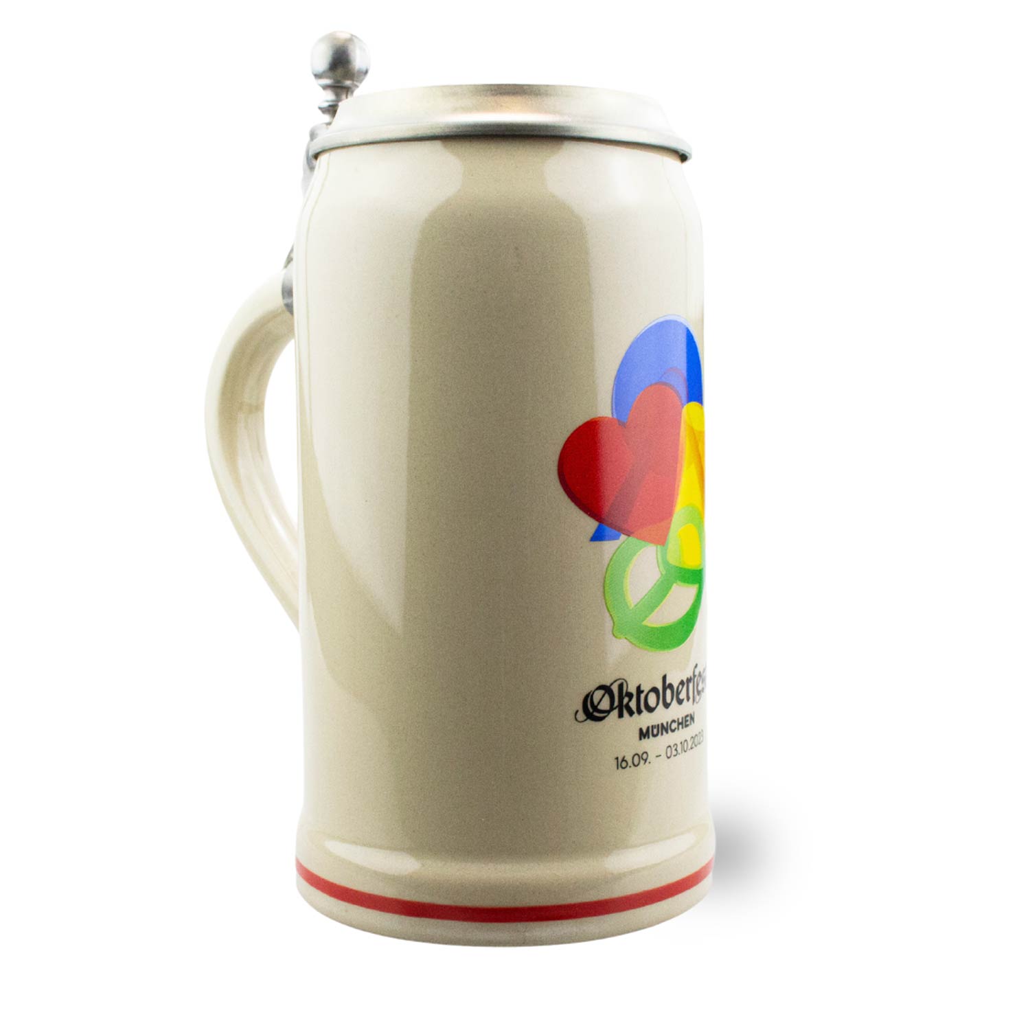 Oktoberfestkrug 2023 aus Steinzeug mit Zinndeckel, Plakatmotiv auf der Vorderseite, zylindrische Form, 1 Liter.