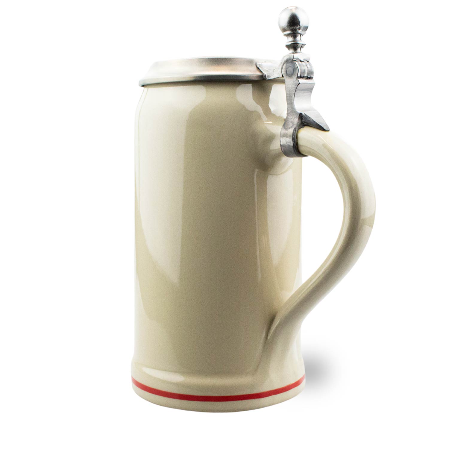 Oktoberfestkrug 2023 aus Steinzeug mit Zinndeckel, Plakatmotiv vorne, bauchige Form, 1 Liter, grau-beige.