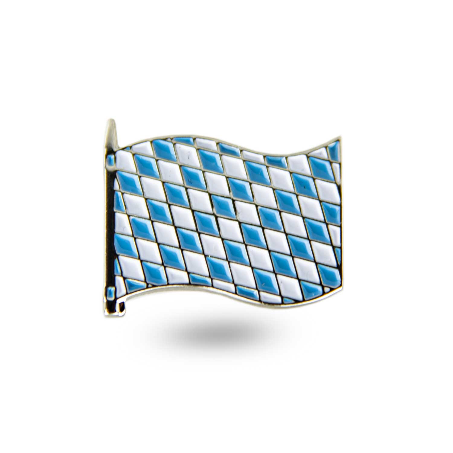 Pin mit Bayernflaggen-Motiv, Metalloptik, leuchtend blaue Rauten, rechteckige Form, Schmetterlingsverschluss, 2,0 x 1,7 cm.