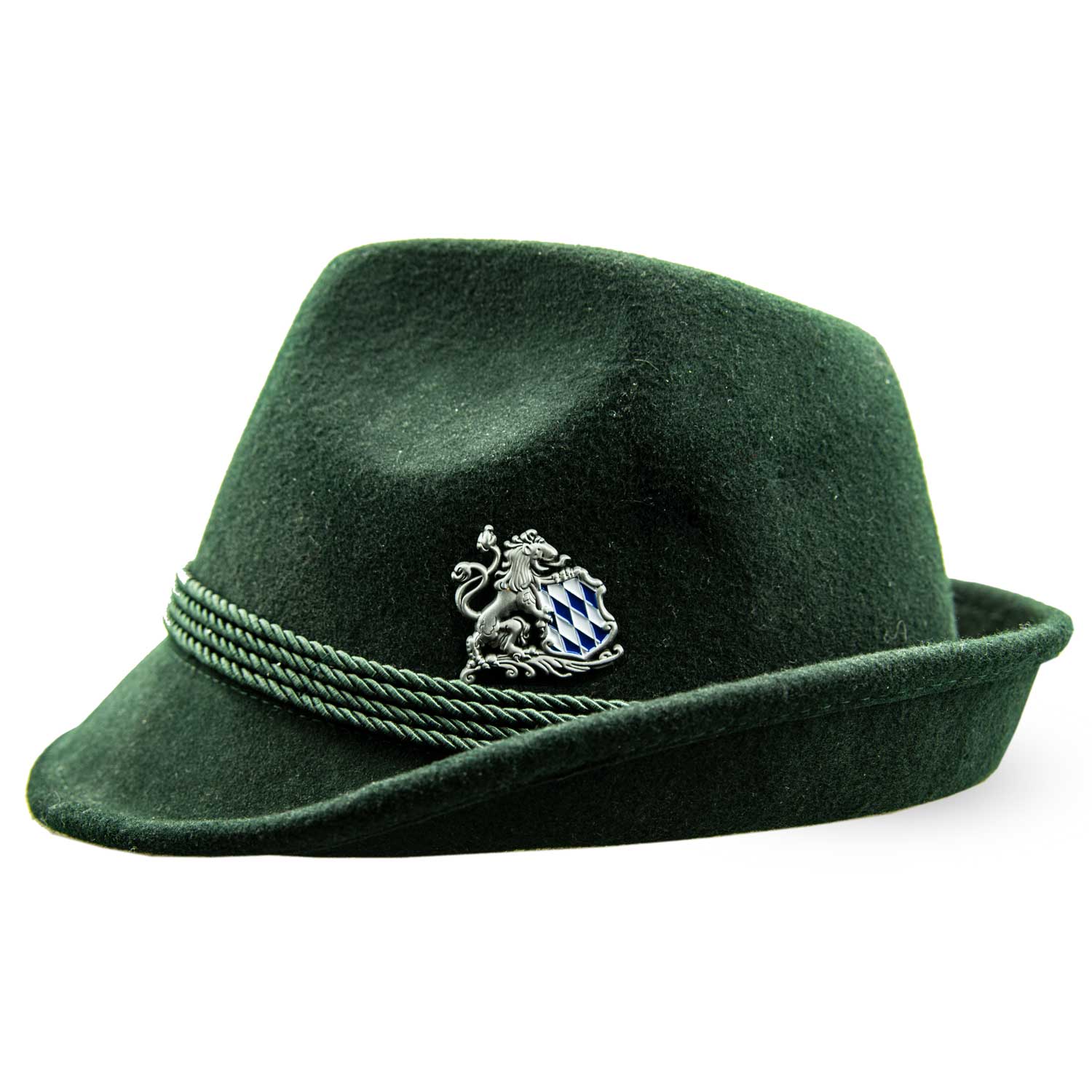 Silberfarbener Pin in Löwenform mit bayerischem Rautenwappen in Weiß-Blau, Schmetterlingsverschluss, ca. 4 × 3,7 cm.