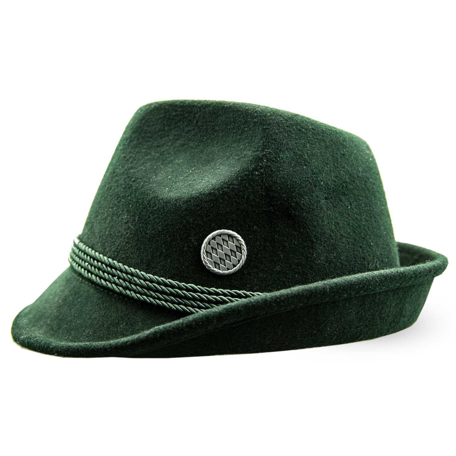 Runder, silberfarbener Ansteck-Pin mit bayrischem Rautenmuster und Eichenlaubkranz, Schmetterlingsverschluss hinten.