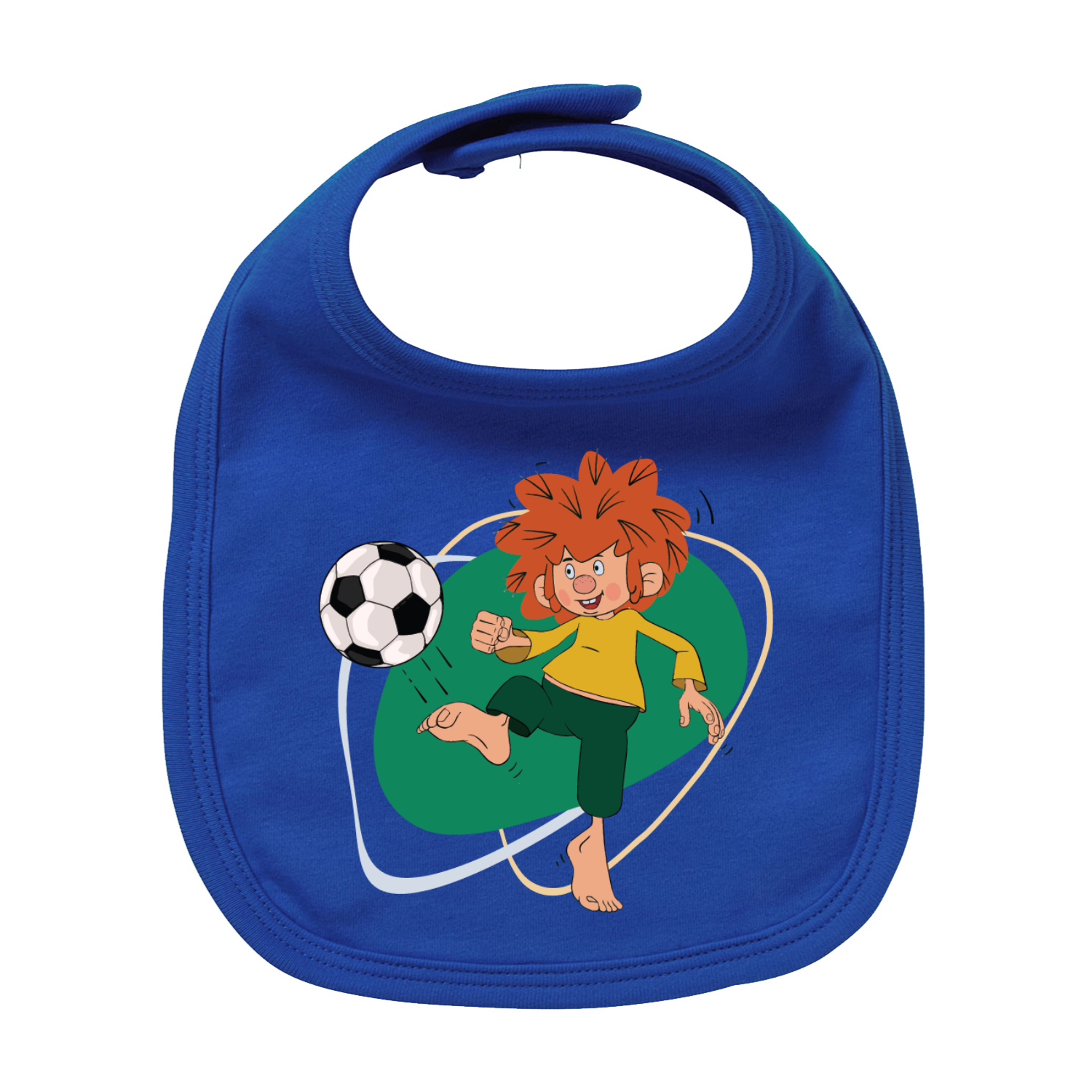 Blaues Baby Lätzchen mit Pumuckl der einen Fußball tritt, ideal für kleine Fußballfans.